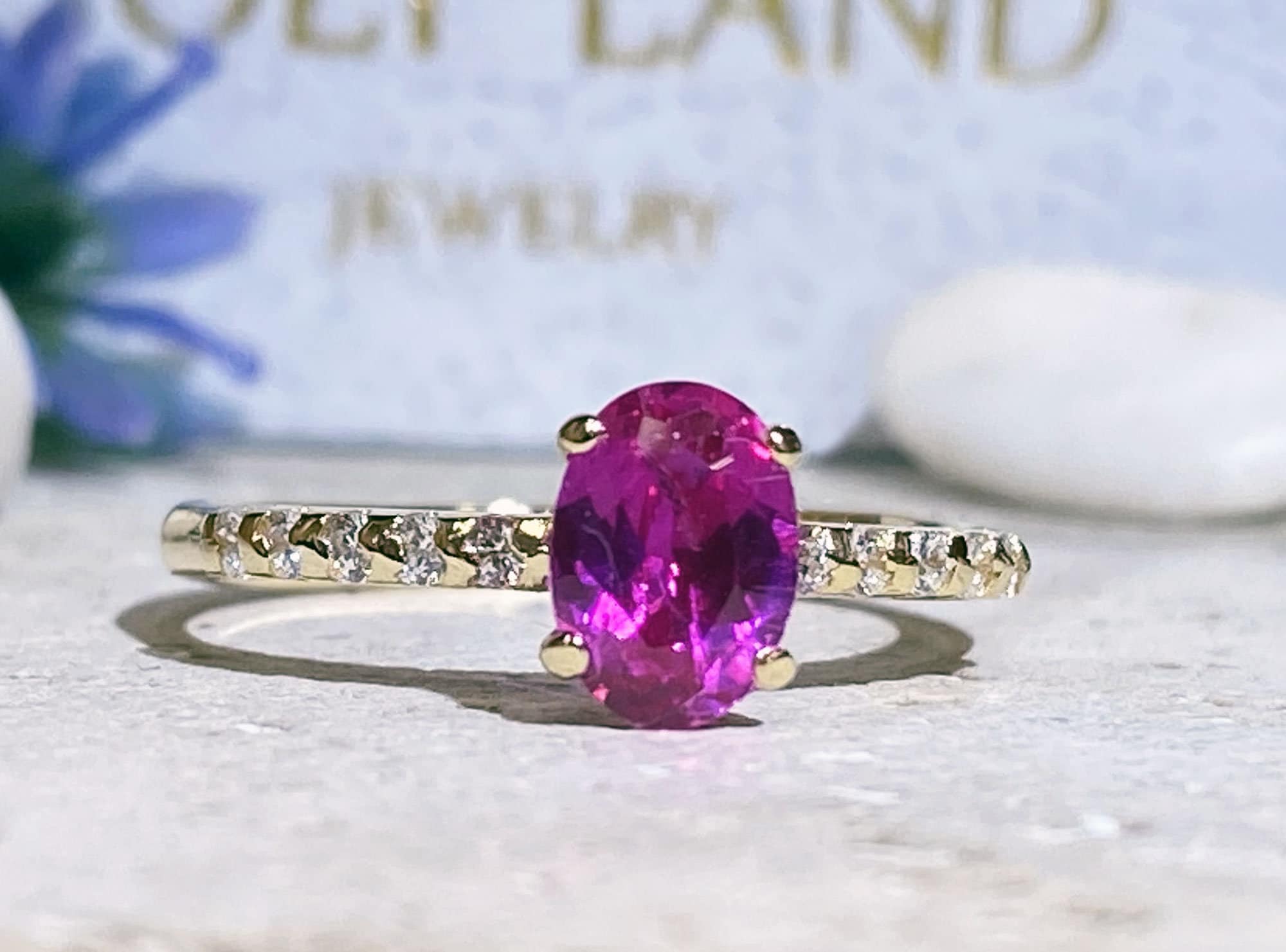 Oval Ruby Delicate Ring with Clear Quartz Accents - H.L.Jewelry