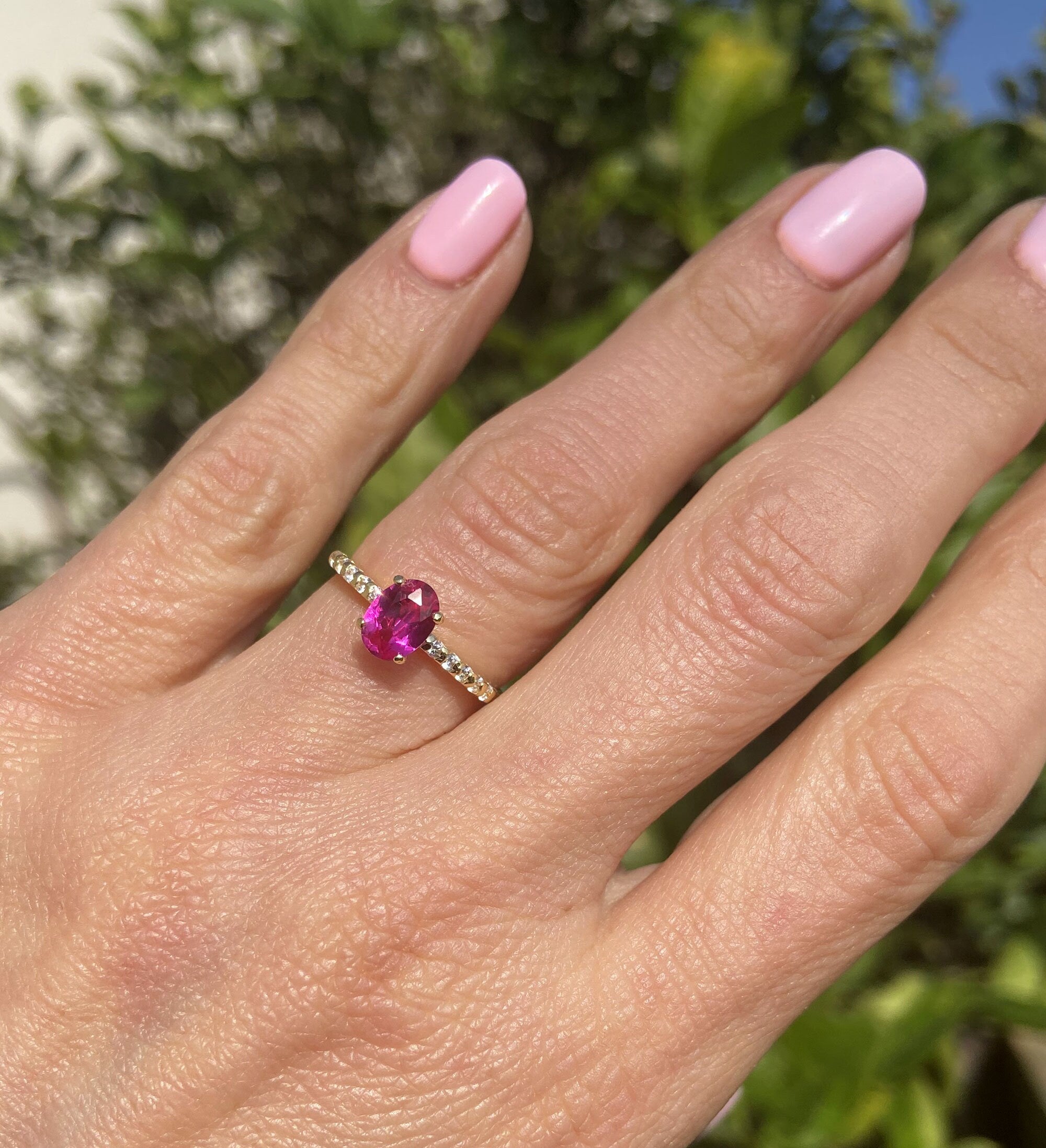 Oval Ruby Delicate Ring with Clear Quartz Accents - H.L.Jewelry