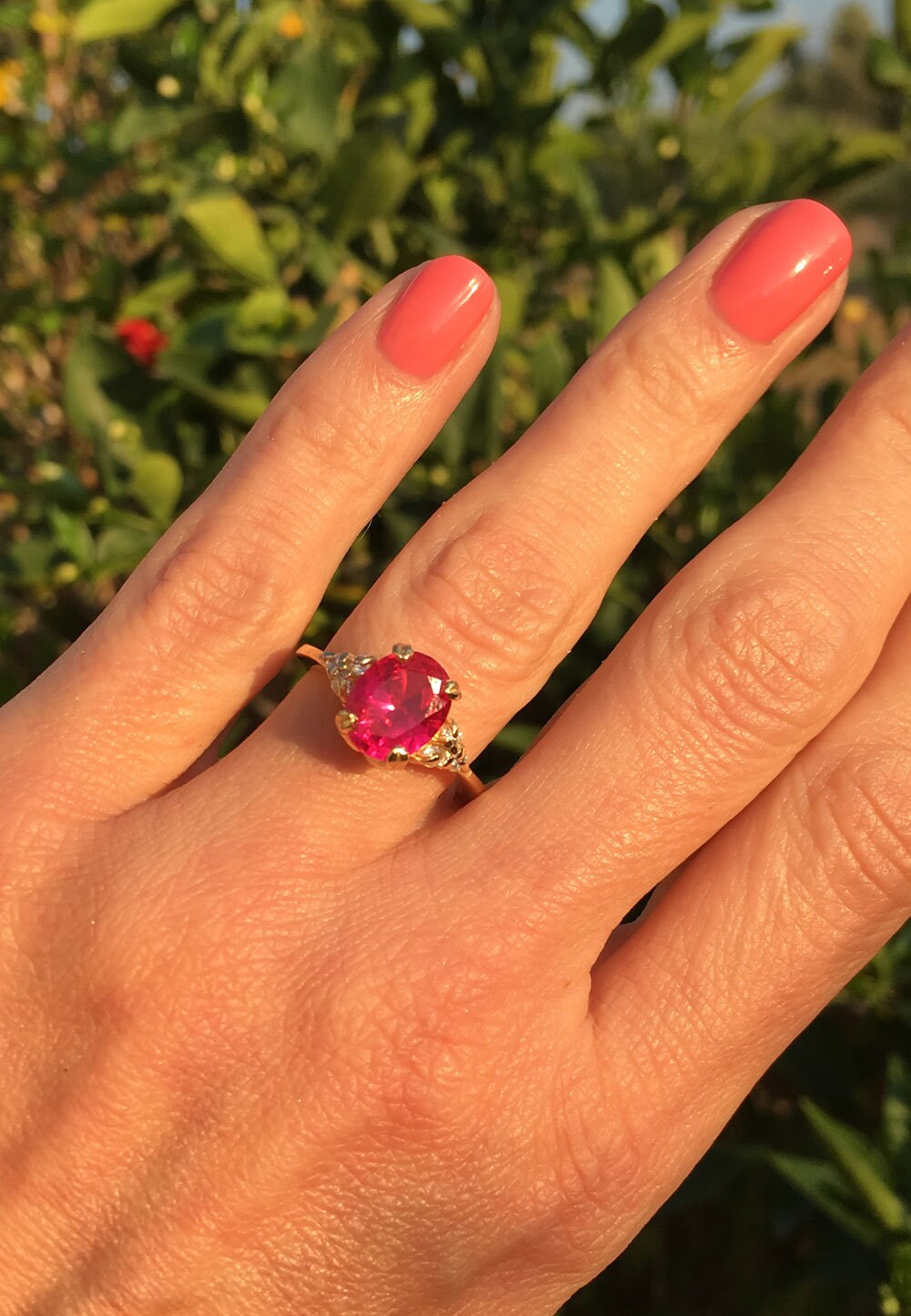 Oval Ruby Engagement Ring with Clear Quartz Accents - H.L.Jewelry