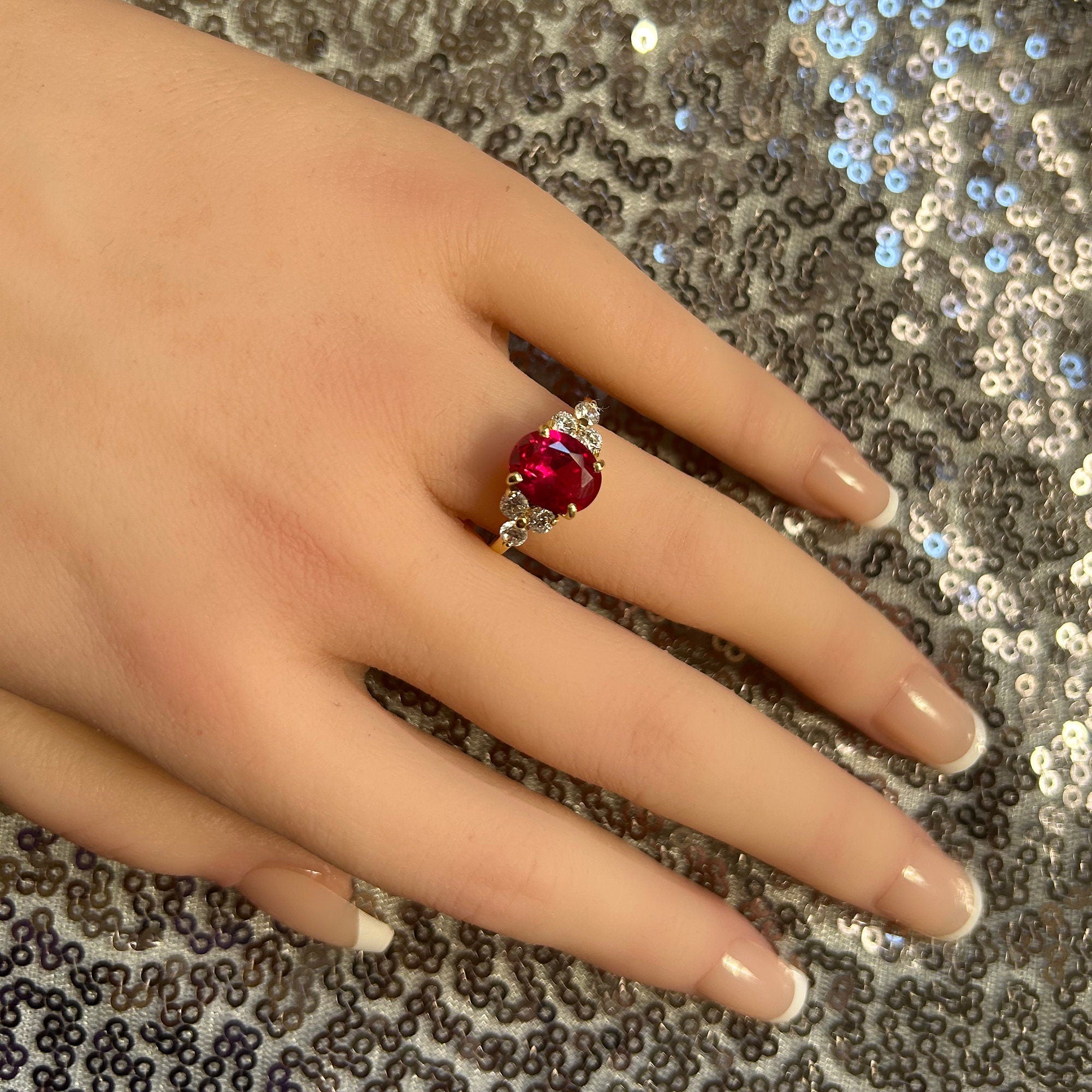 Oval Ruby Engagement Ring with Clear Quartz Trio Accents - H.L.Jewelry