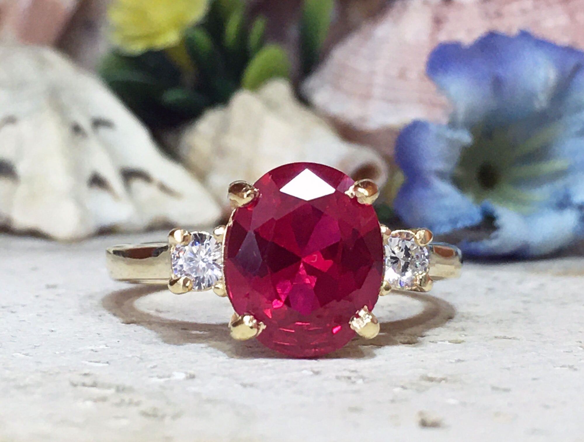 Oval Ruby Statement Ring with Clear Quartz Accents - H.L.Jewelry