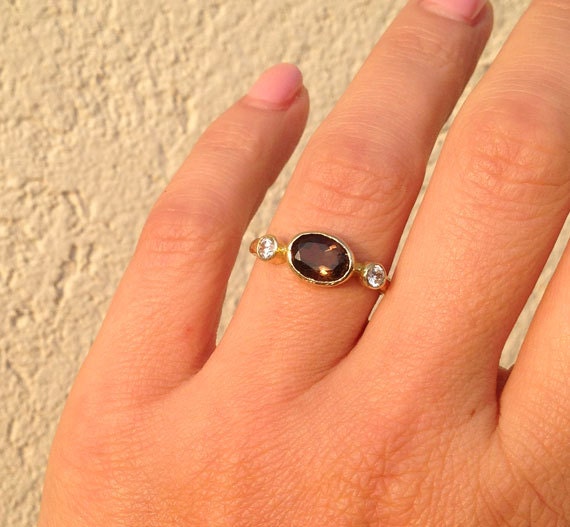 Oval Smoky Quartz Bezel Ring with Clear Quartz Accents - H.L.Jewelry