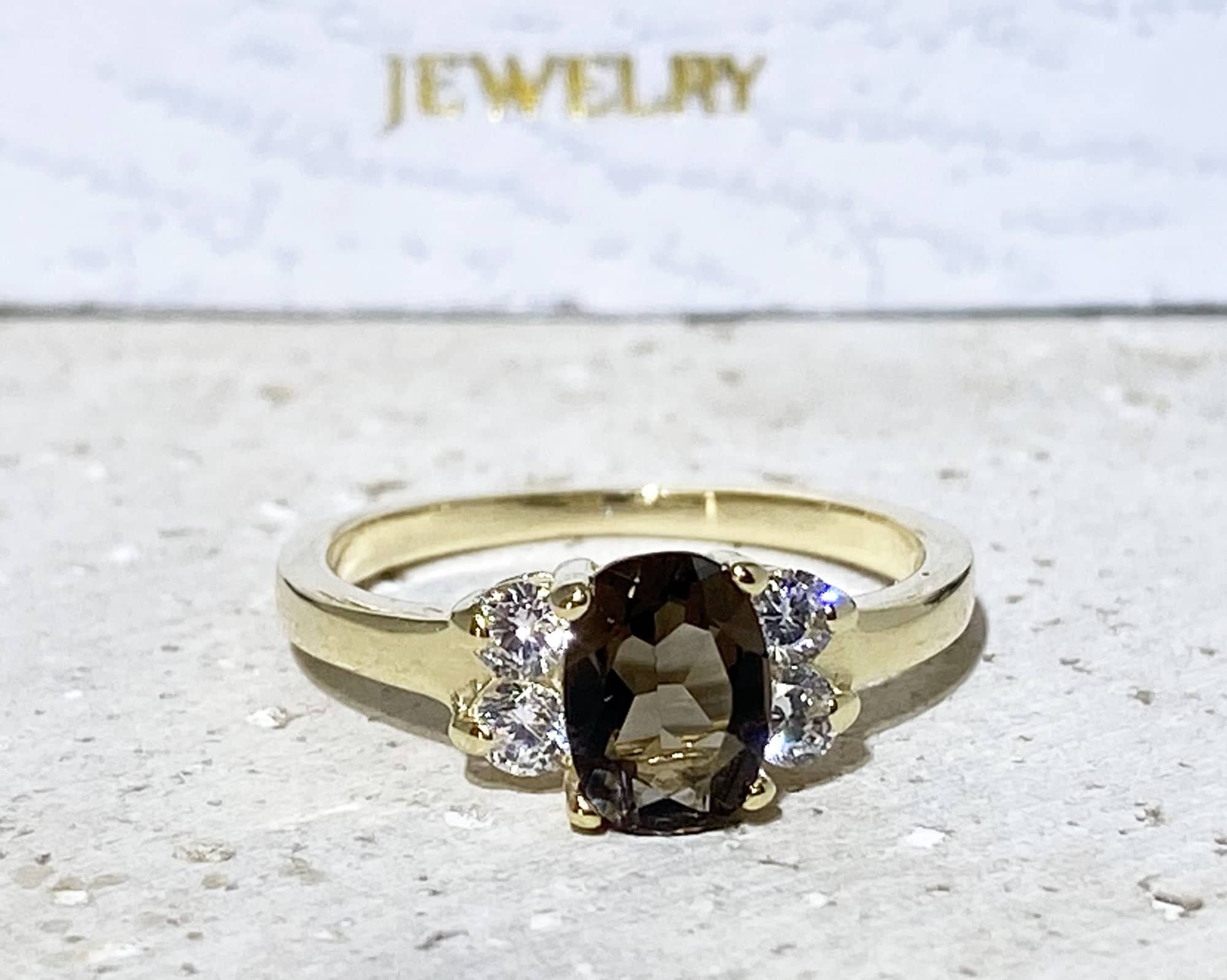 Oval Smoky Quartz Ring with Clear Quartz Accents - H.L.Jewelry