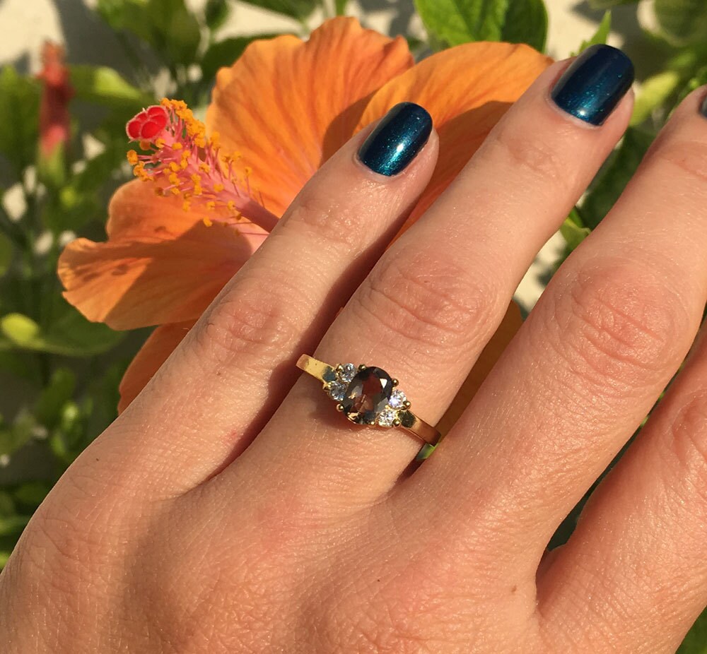 Oval Smoky Quartz Ring with Clear Quartz Accents - H.L.Jewelry