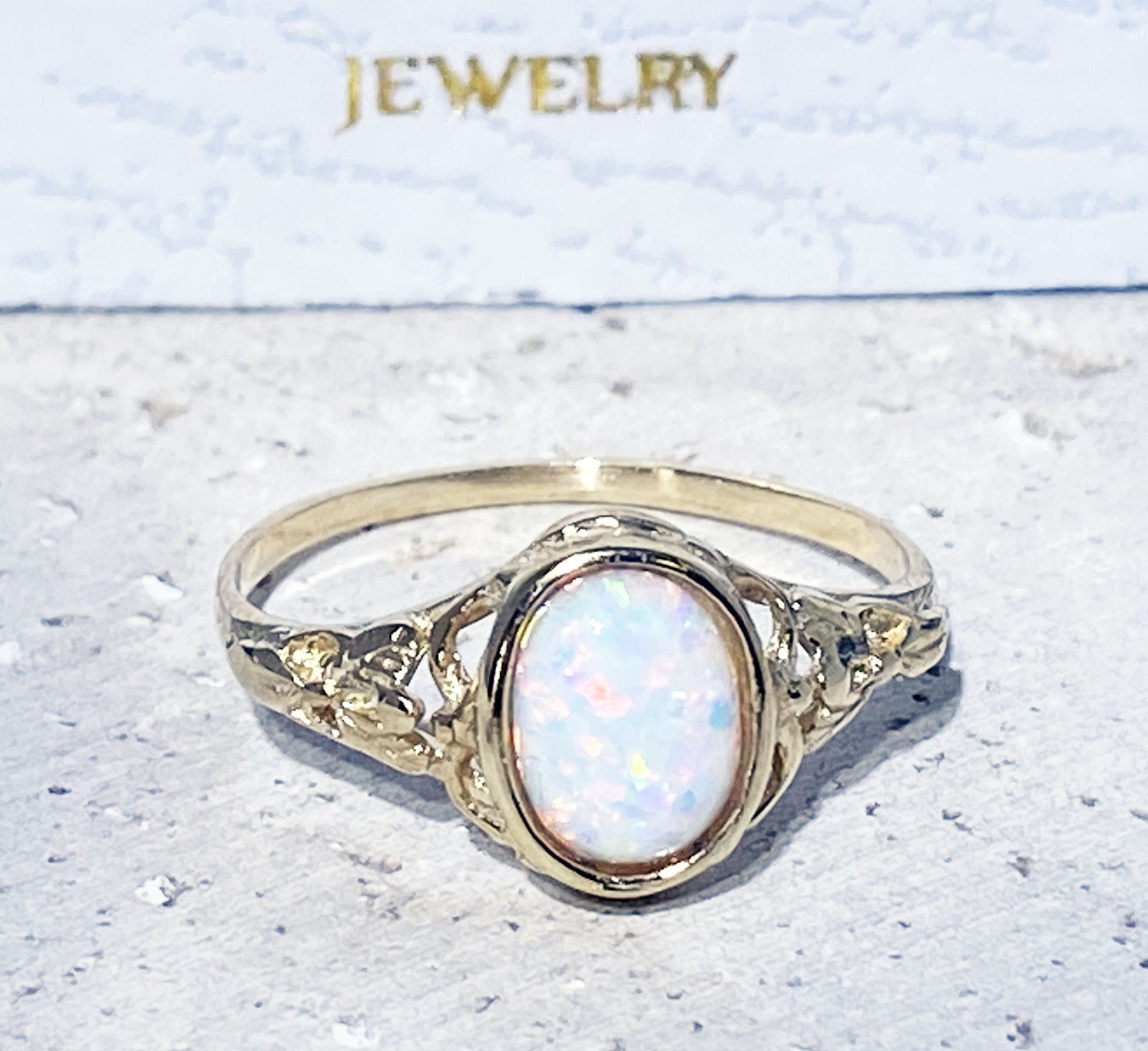 Oval White Opal Gemstone Lace Ring - H.L.Jewelry