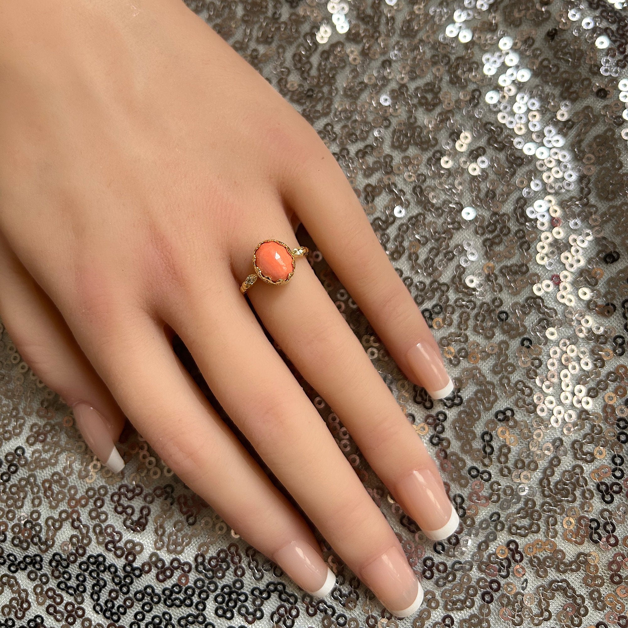 Peach Coral Vintage Oval Crown Ring with Clear Quartz Accents - H.L.Jewelry