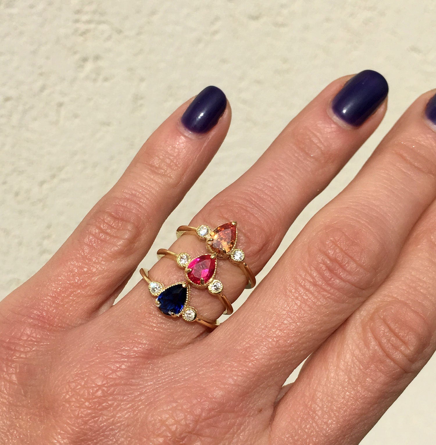 Pear Shape Blue Sapphire Simple Ring with Clear Quartz Accents - H.L.Jewelry