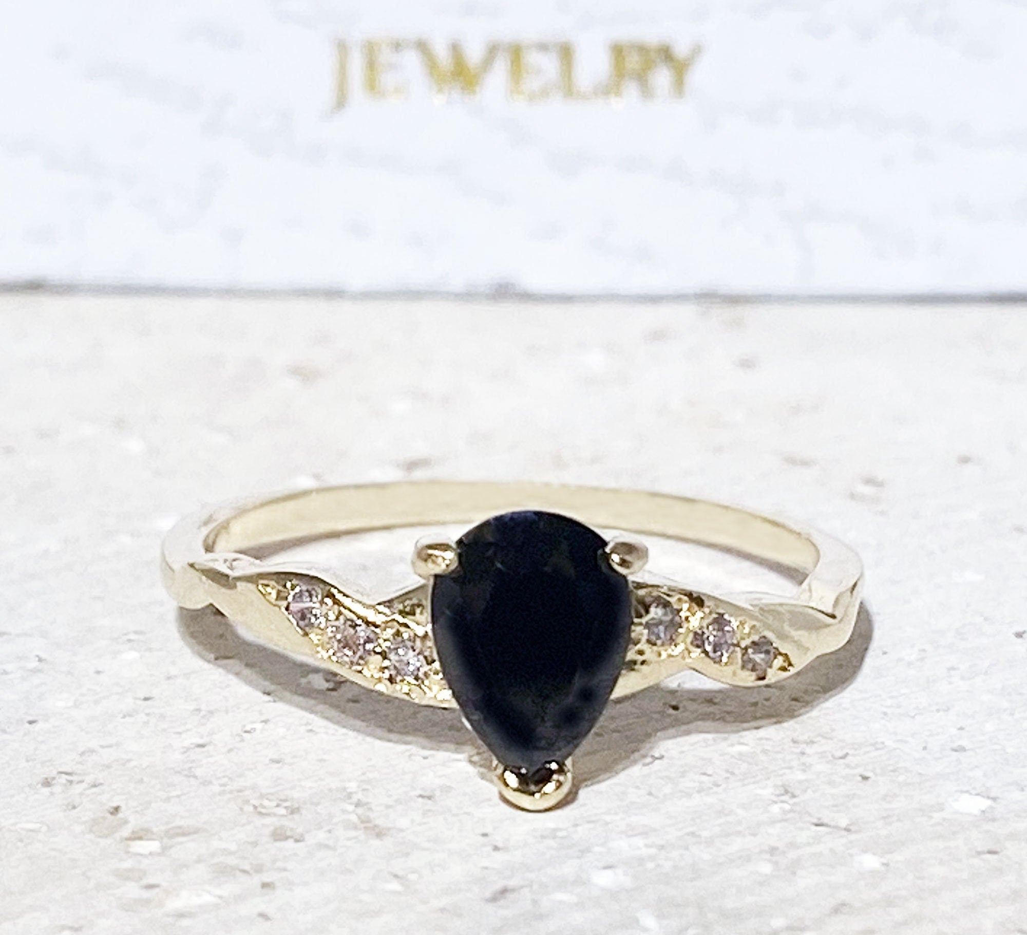 Pear-Shaped Black Onyx Delicate Ring with Clear Quartz Accents - H.L.Jewelry