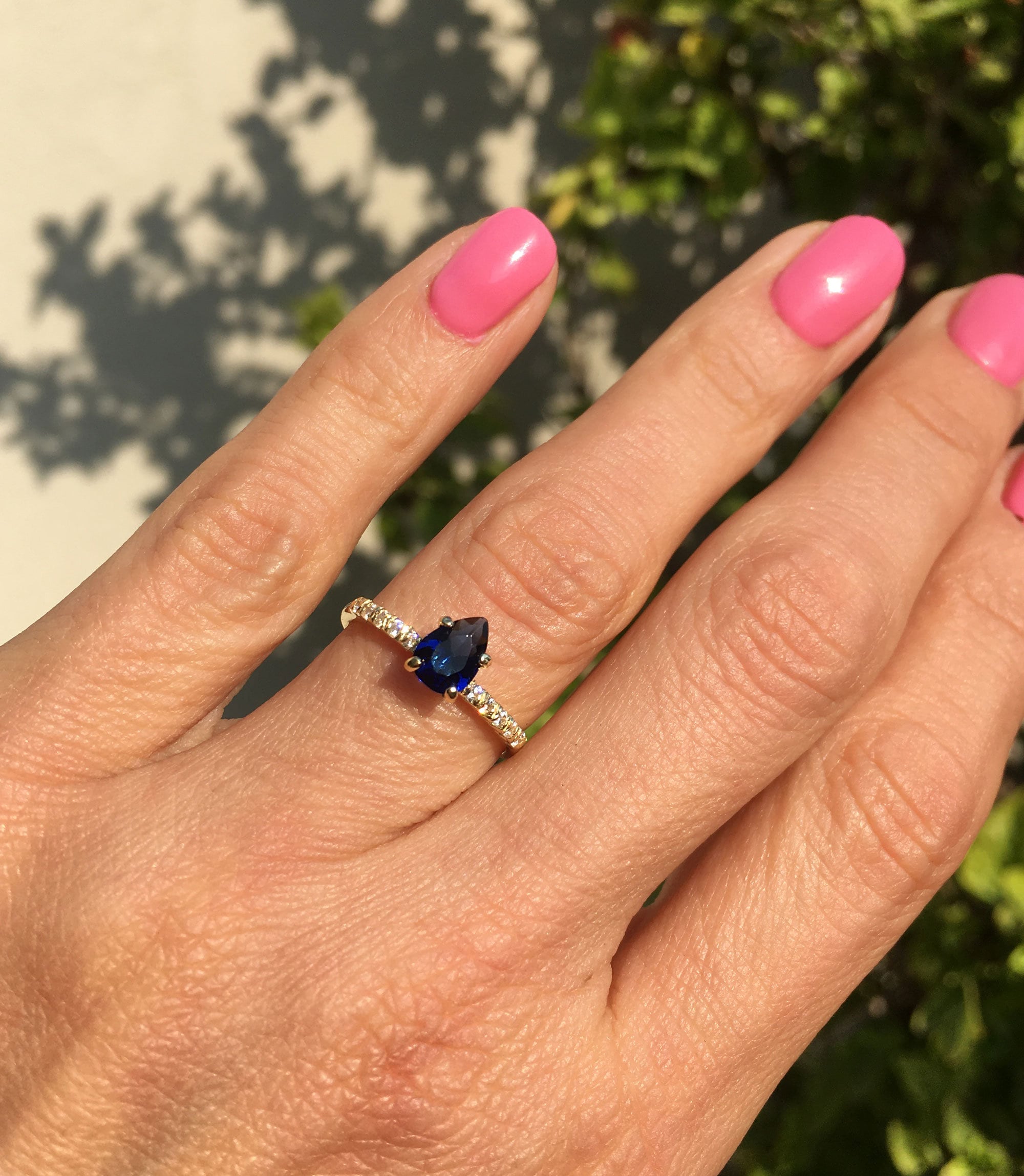 Pear-Shaped Blue Sapphire Delicate Ring with Clear Quartz Accents - H.L.Jewelry