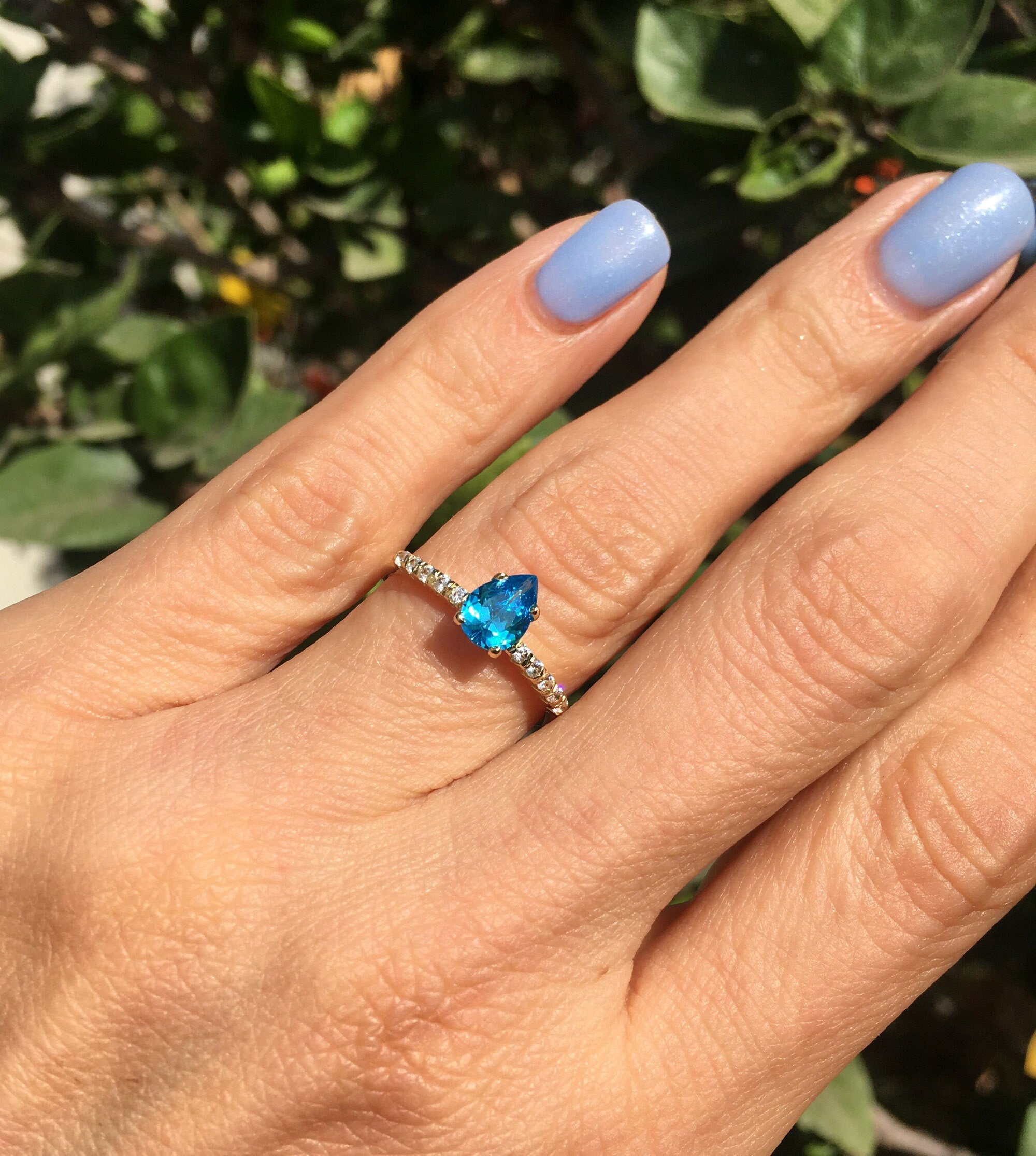 Pear-Shaped Blue Topaz Delicate Ring with Clear Quartz Accents - H.L.Jewelry
