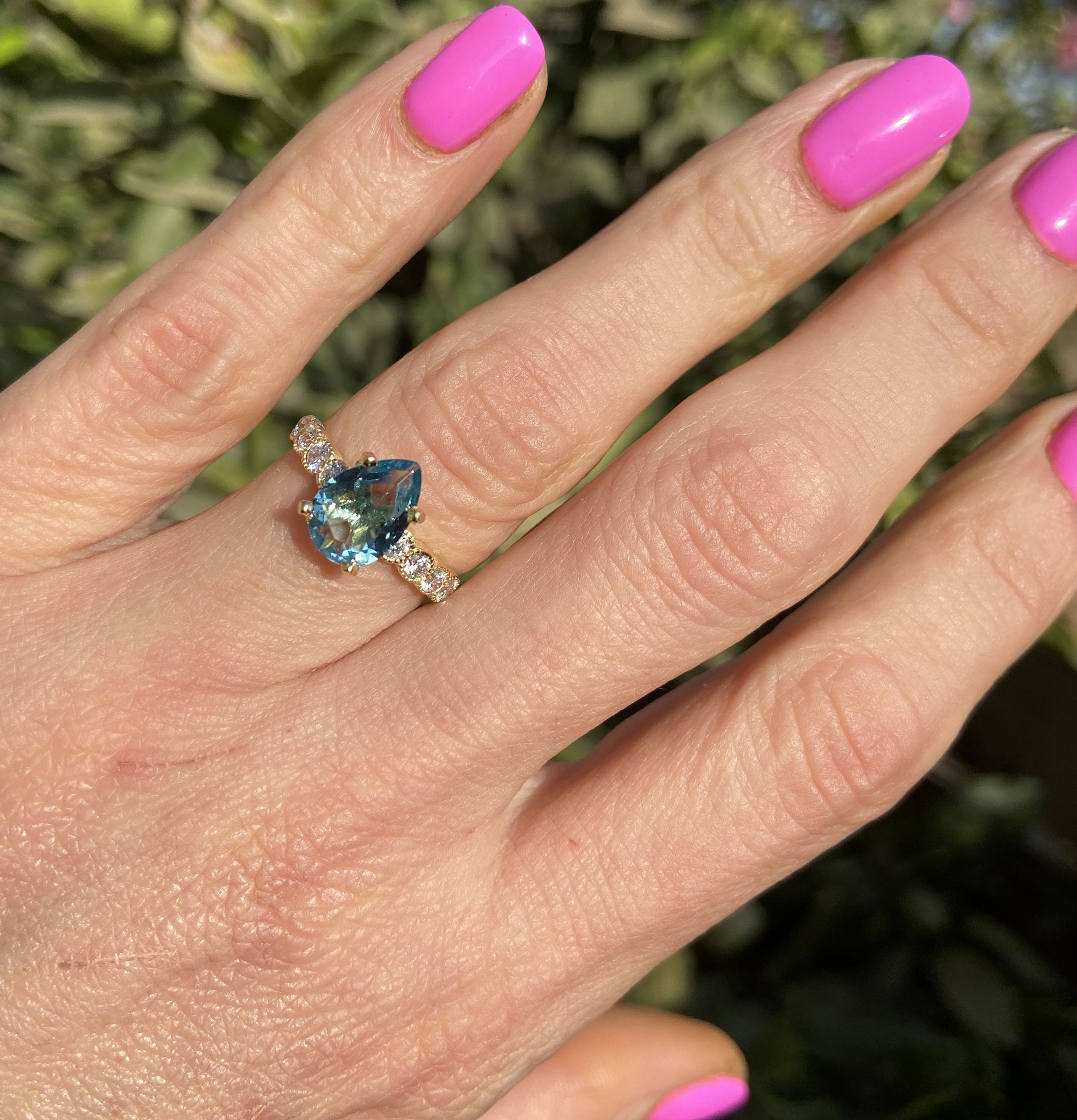 Pear-Shaped Blue Topaz Engagement Ring with Clear Quartz Accents - H.L.Jewelry
