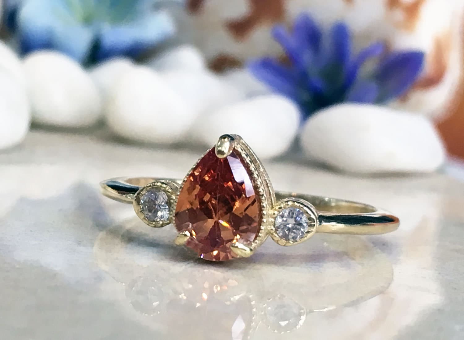 Pear-Shaped Citrine Gemstone Ring with Clear Quartz Accents - H.L.Jewelry