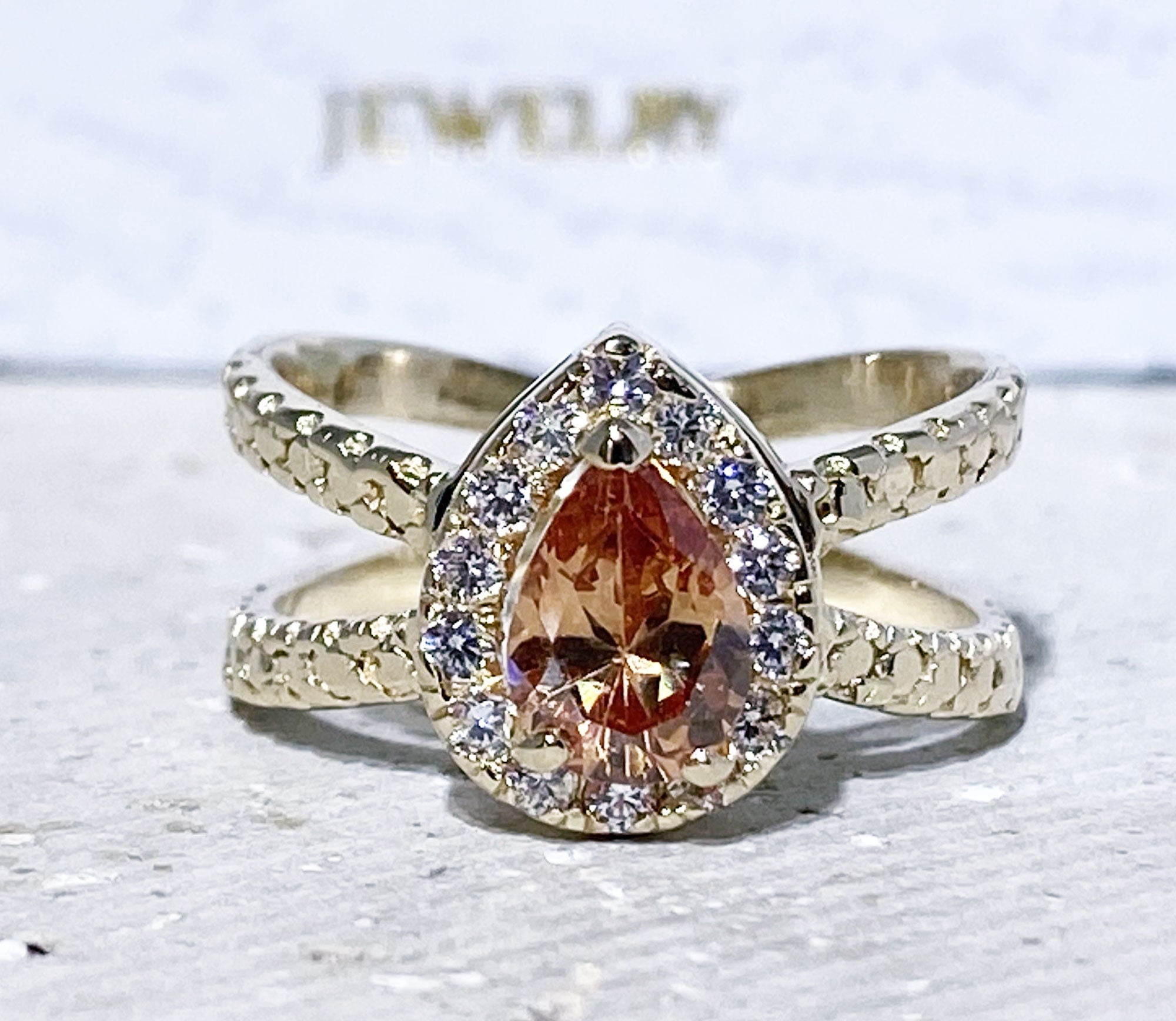 Pear-Shaped Citrine Ring with Clear Quartz Halo - H.L.Jewelry