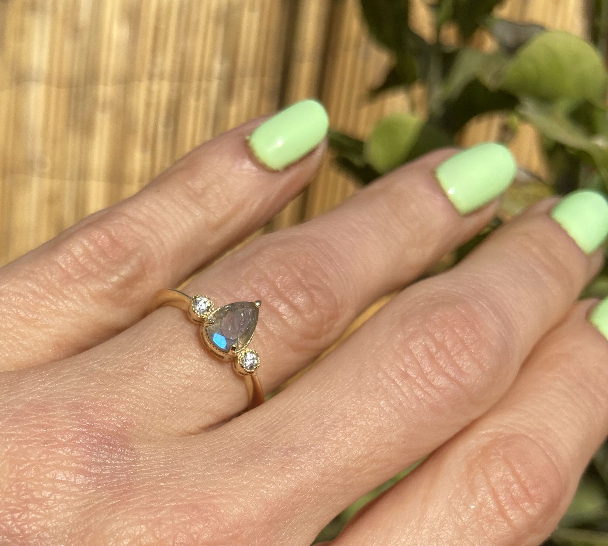 Pear-Shaped Labradorite Simple Ring with Clear Quartz Accents - H.L.Jewelry