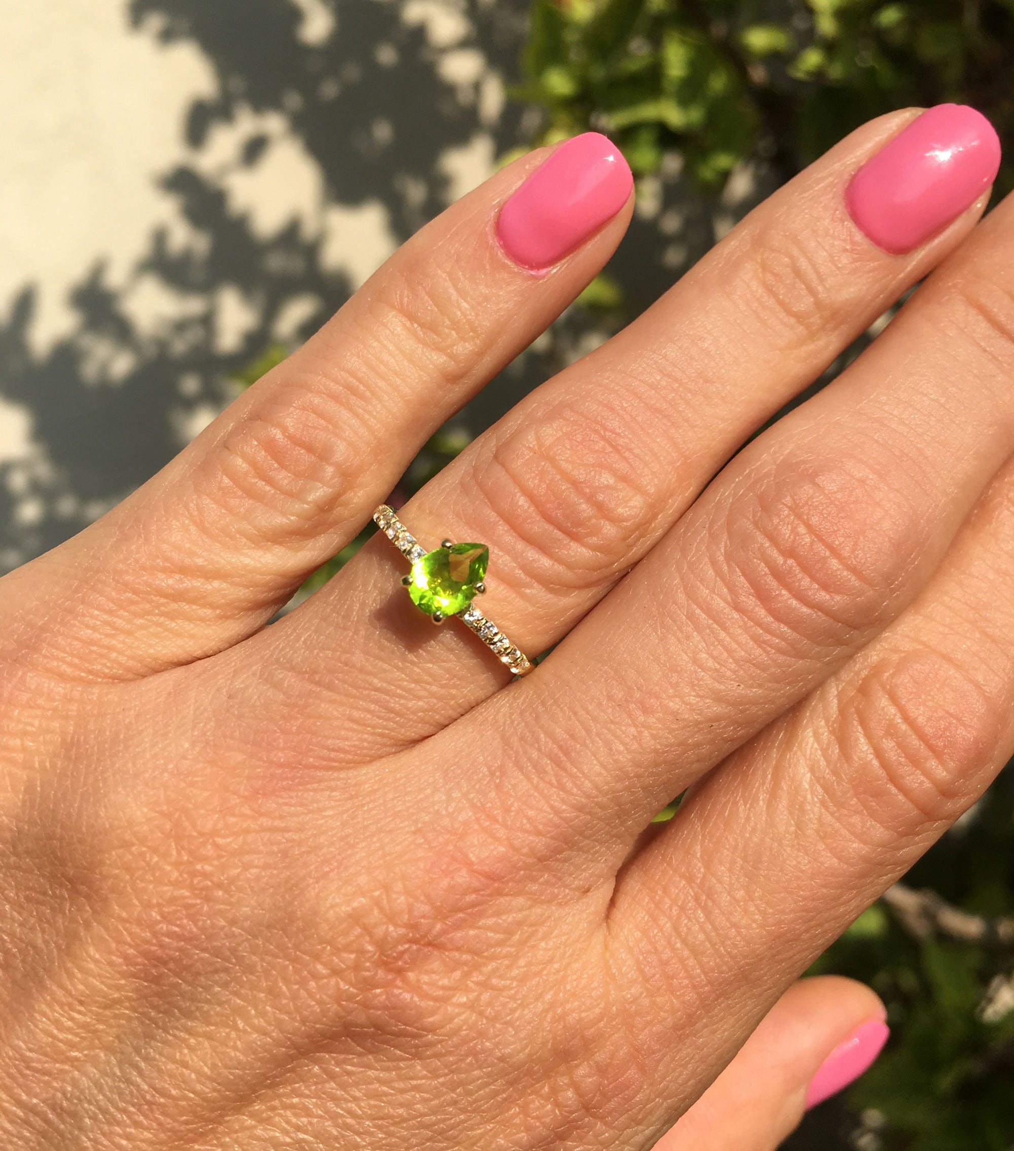 Pear-Shaped Peridot Delicate Ring with Clear Quartz Accents - H.L.Jewelry