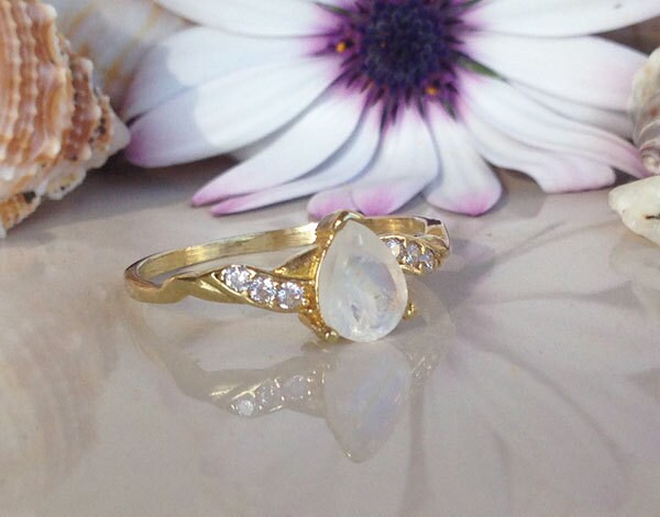 Pear-Shaped Rainbow Moonstone Delicate Ring with Clear Quartz Accents - H.L.Jewelry