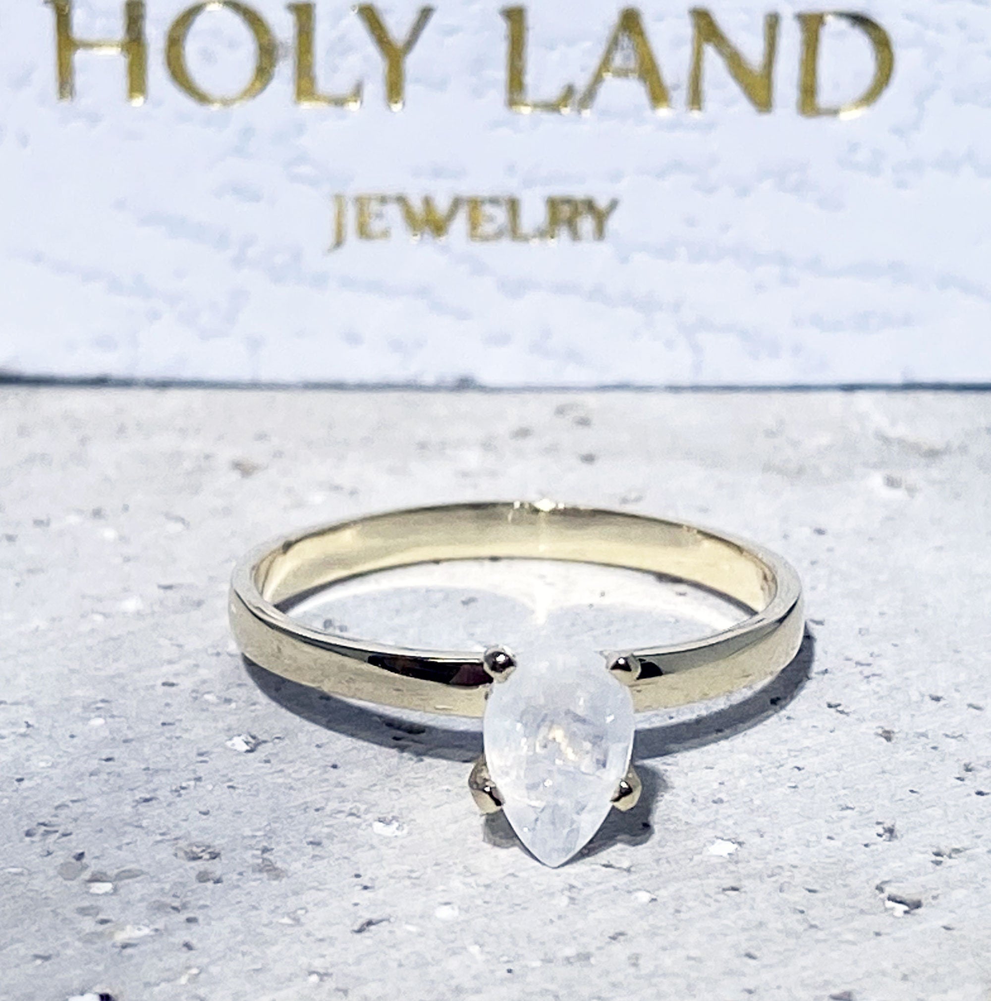 Pear-Shaped Rainbow Moonstone Simple Solitaire Ring - H.L.Jewelry