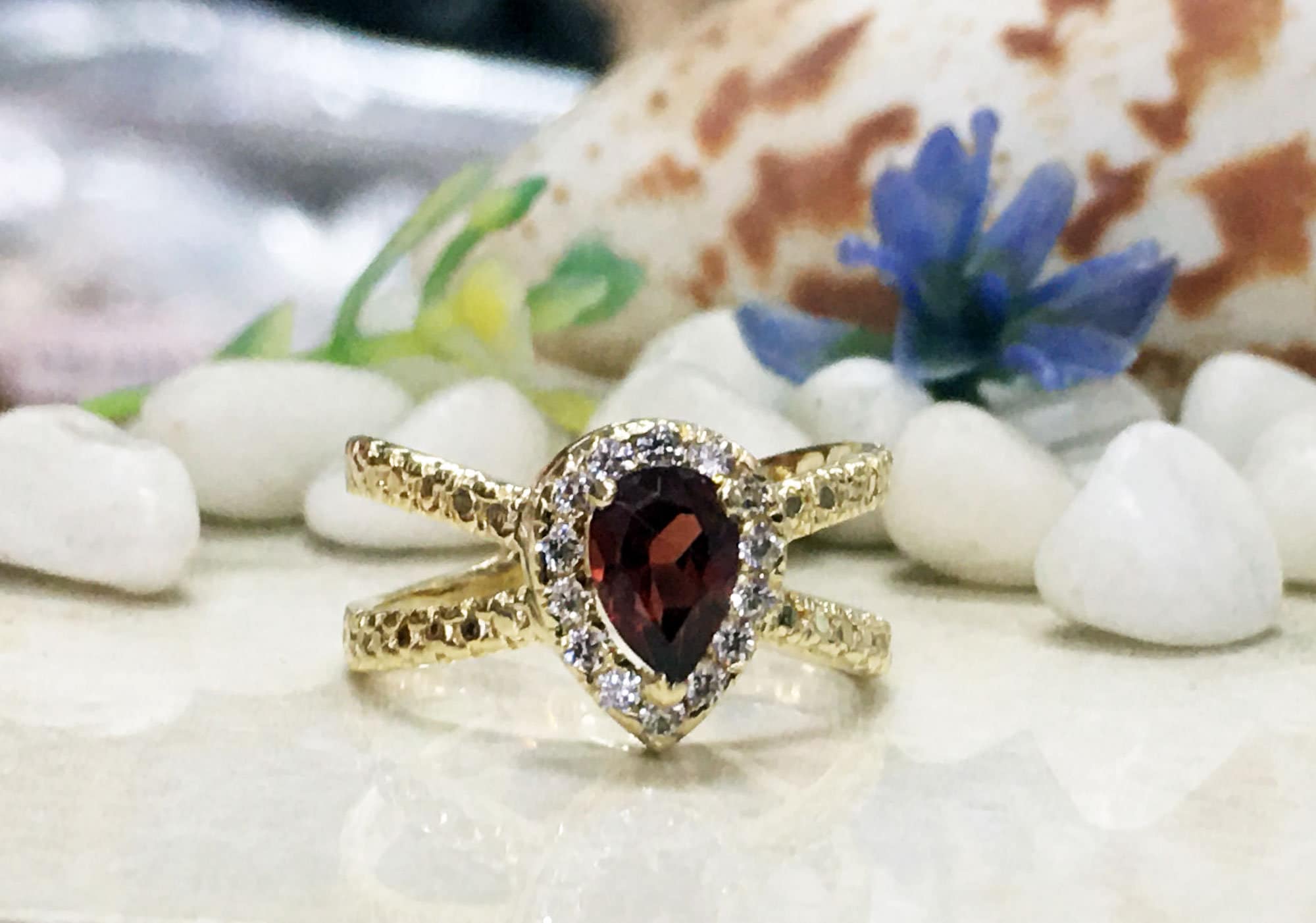 Pear Shaped Red Garnet Ring with Clear Quartz Halo - H.L.Jewelry