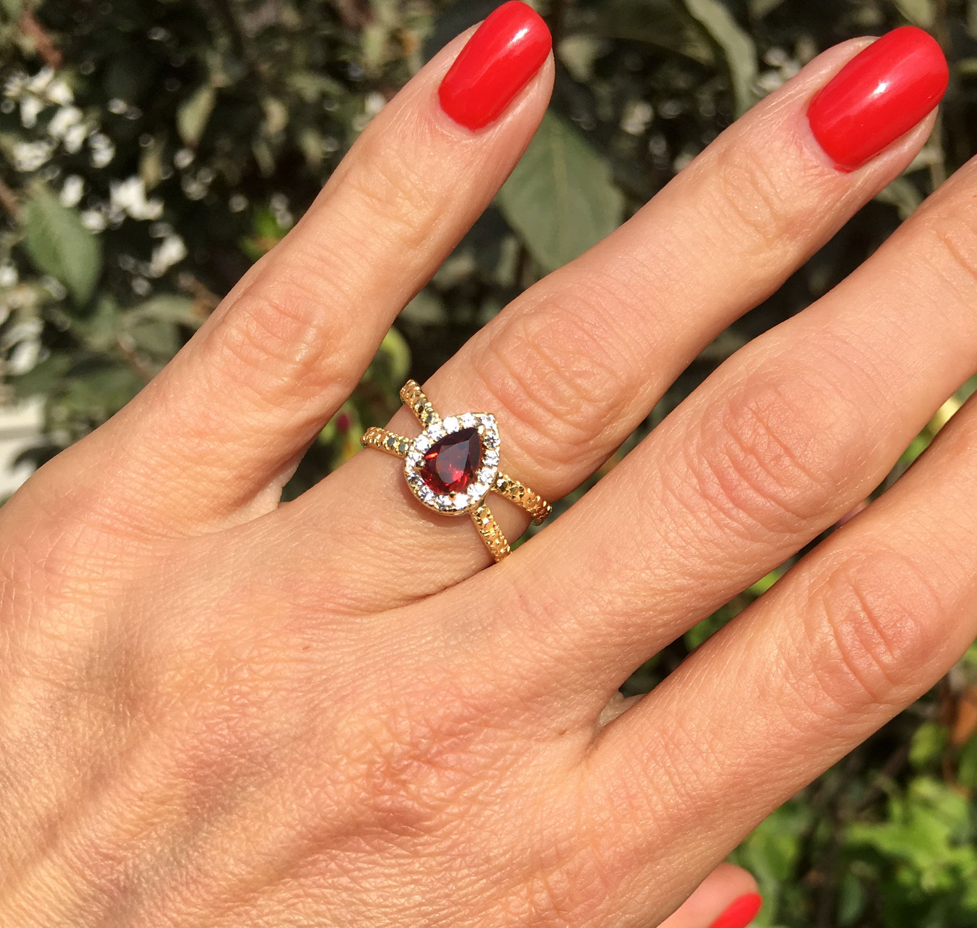 Pear Shaped Red Garnet Ring with Clear Quartz Halo - H.L.Jewelry