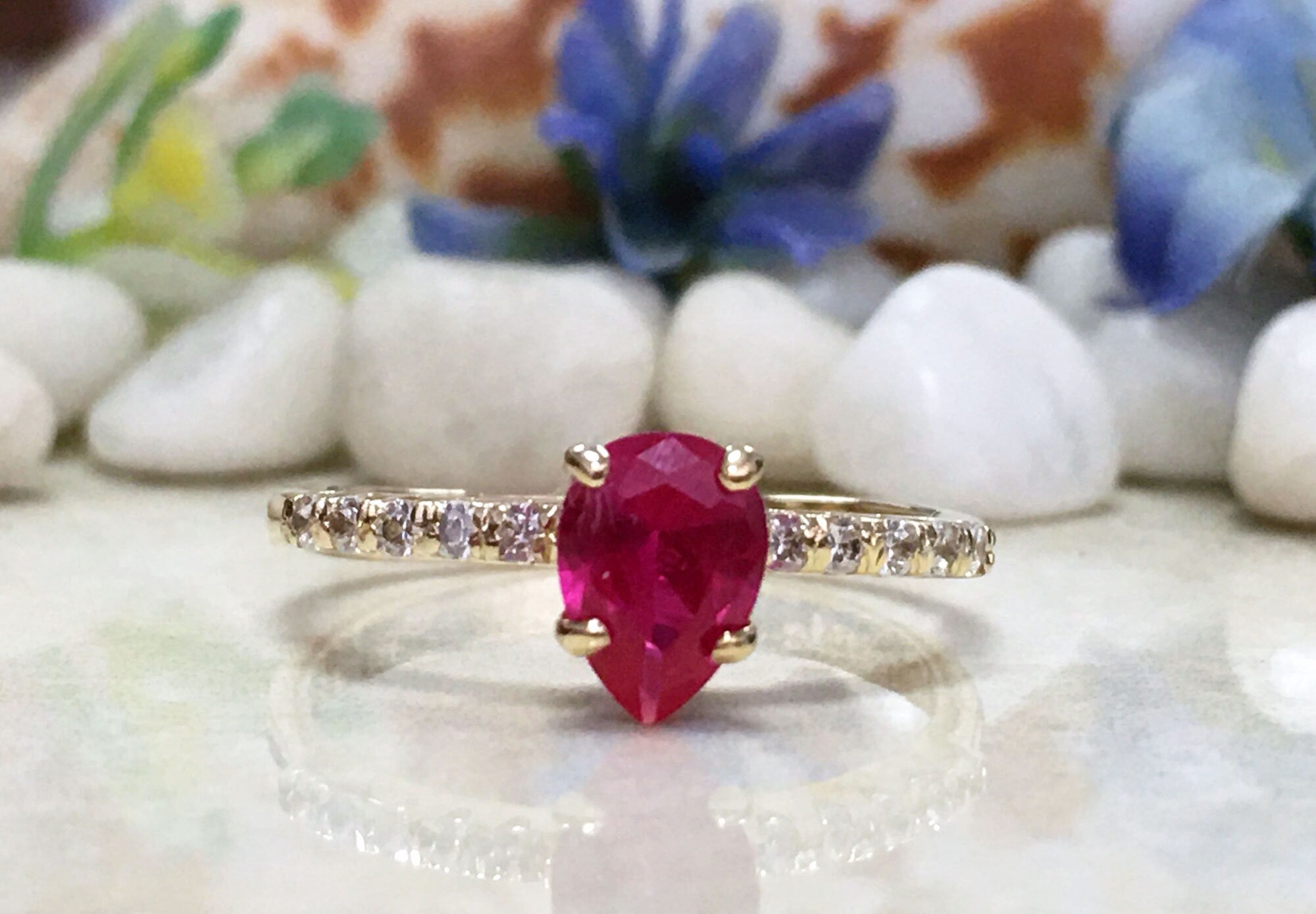 Pear-Shaped Ruby Delicate Ring with Clear Quartz Accents - H.L.Jewelry