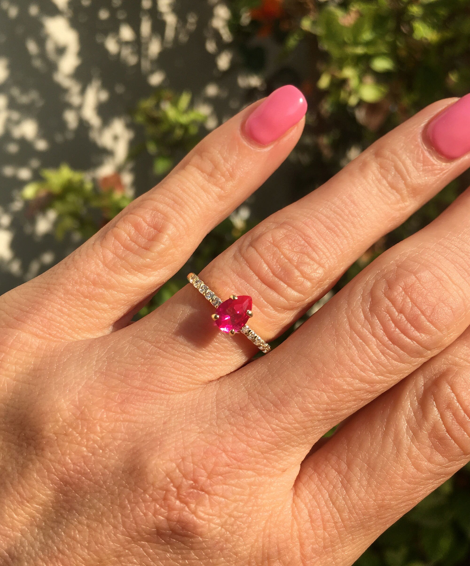 Pear-Shaped Ruby Delicate Ring with Clear Quartz Accents - H.L.Jewelry