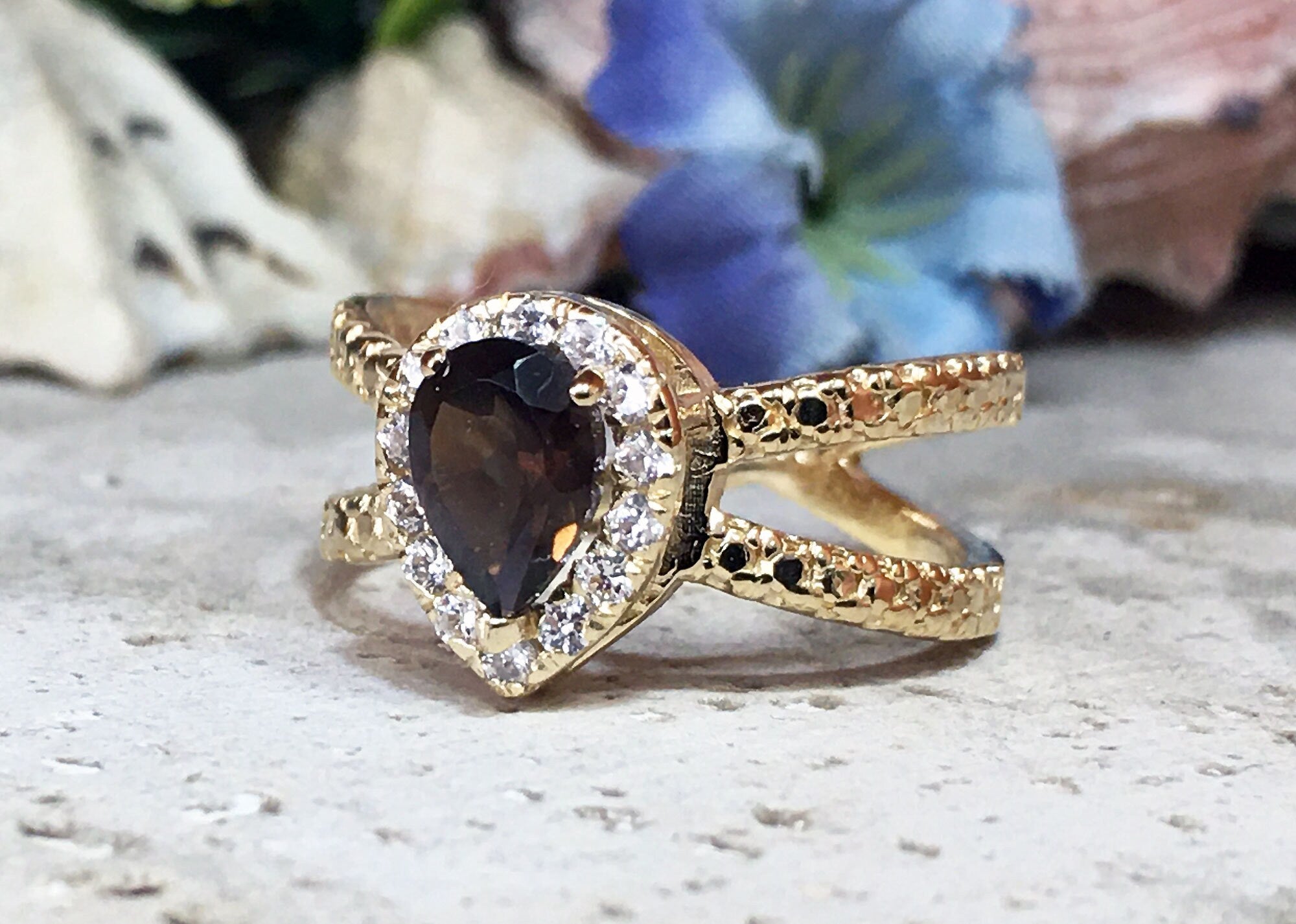 Pear-Shaped Smoky Quartz Crossover Ring with Clear Quartz Halo - H.L.Jewelry
