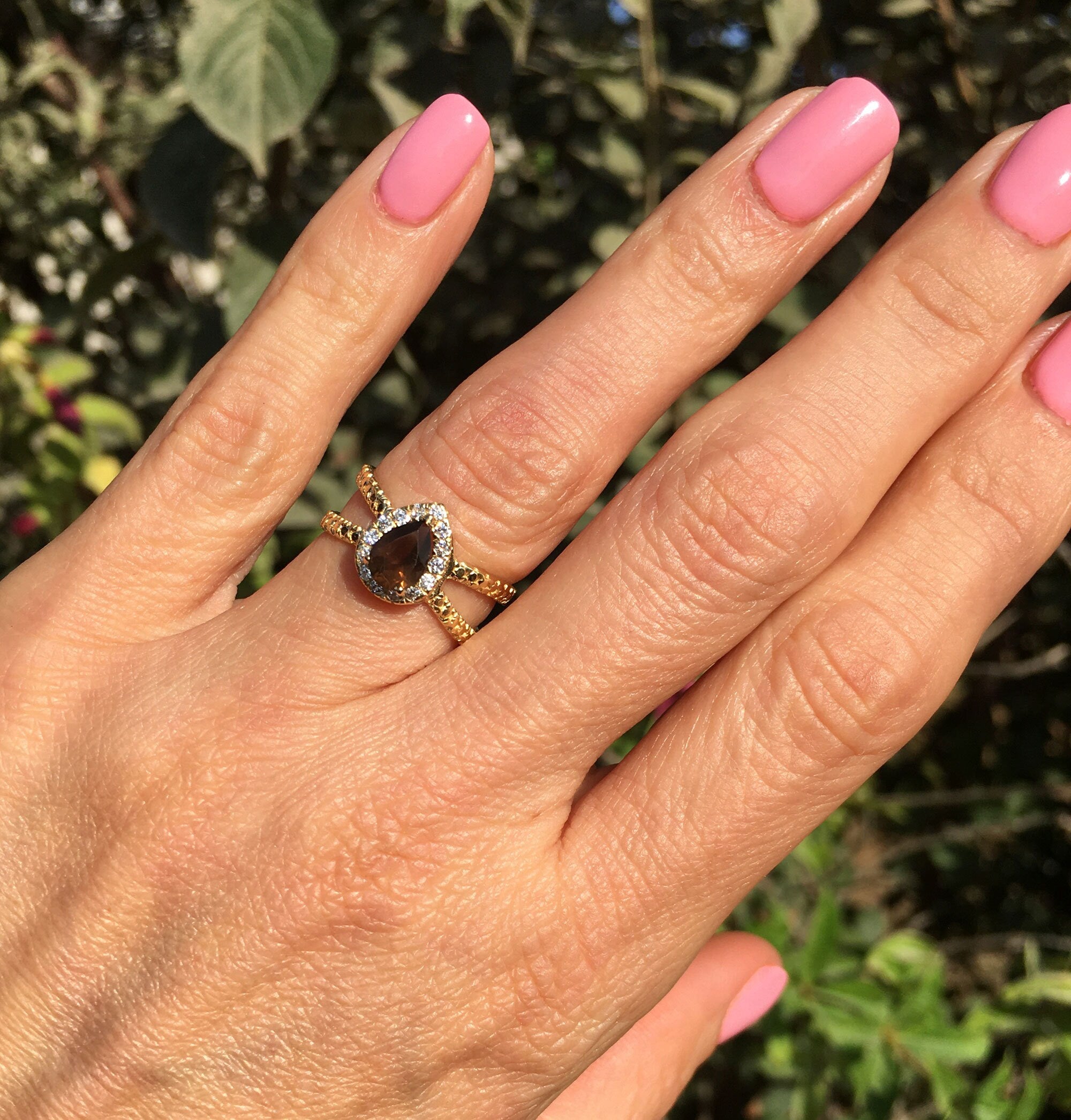 Pear-Shaped Smoky Quartz Crossover Ring with Clear Quartz Halo - H.L.Jewelry