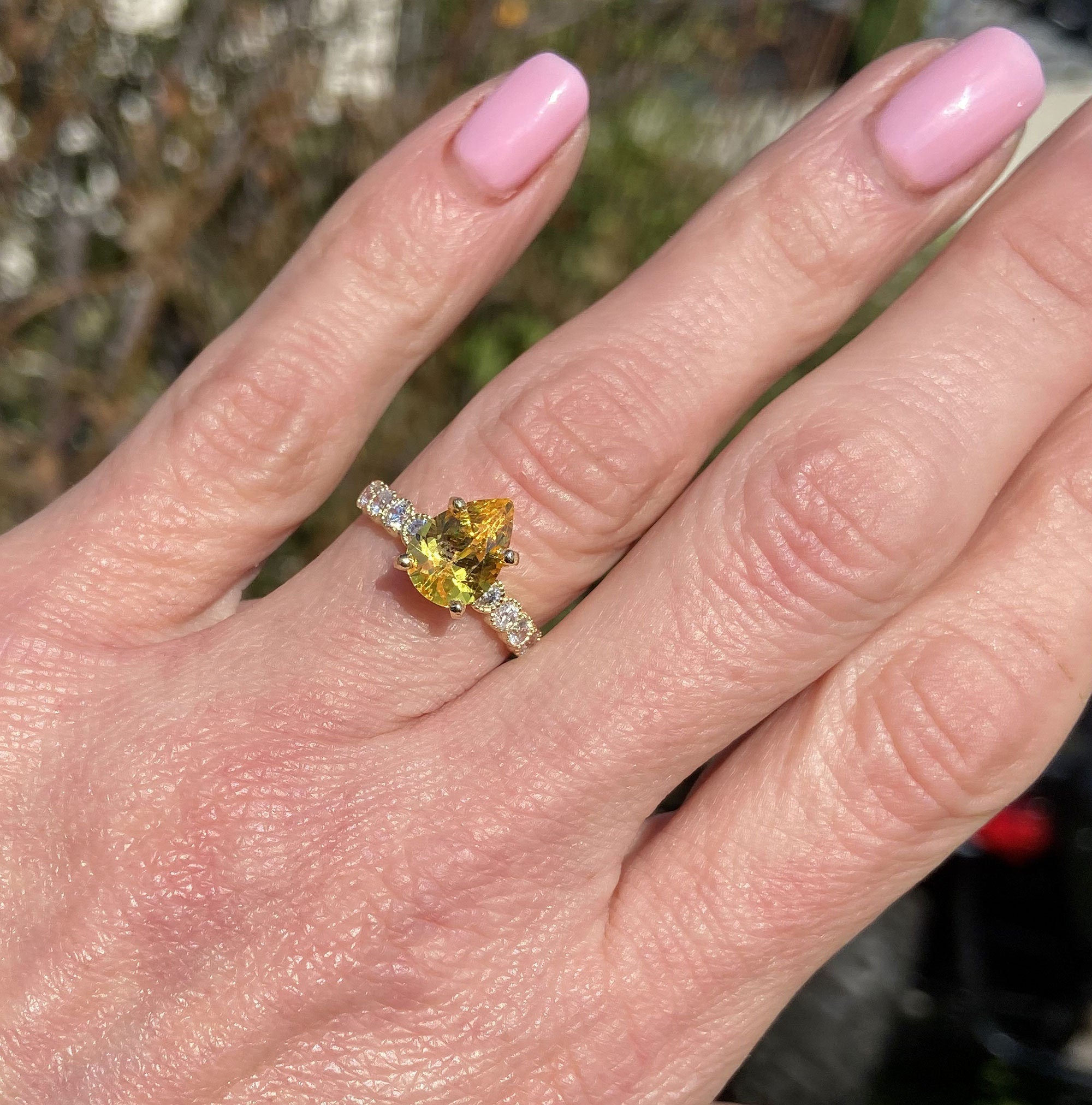 Pear-Shaped Yellow Citrine Engagement Ring with Clear Quartz Accents - H.L.Jewelry