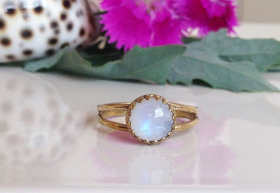 Rainbow Moonstone Round Crown Double Band Ring - H.L.Jewelry