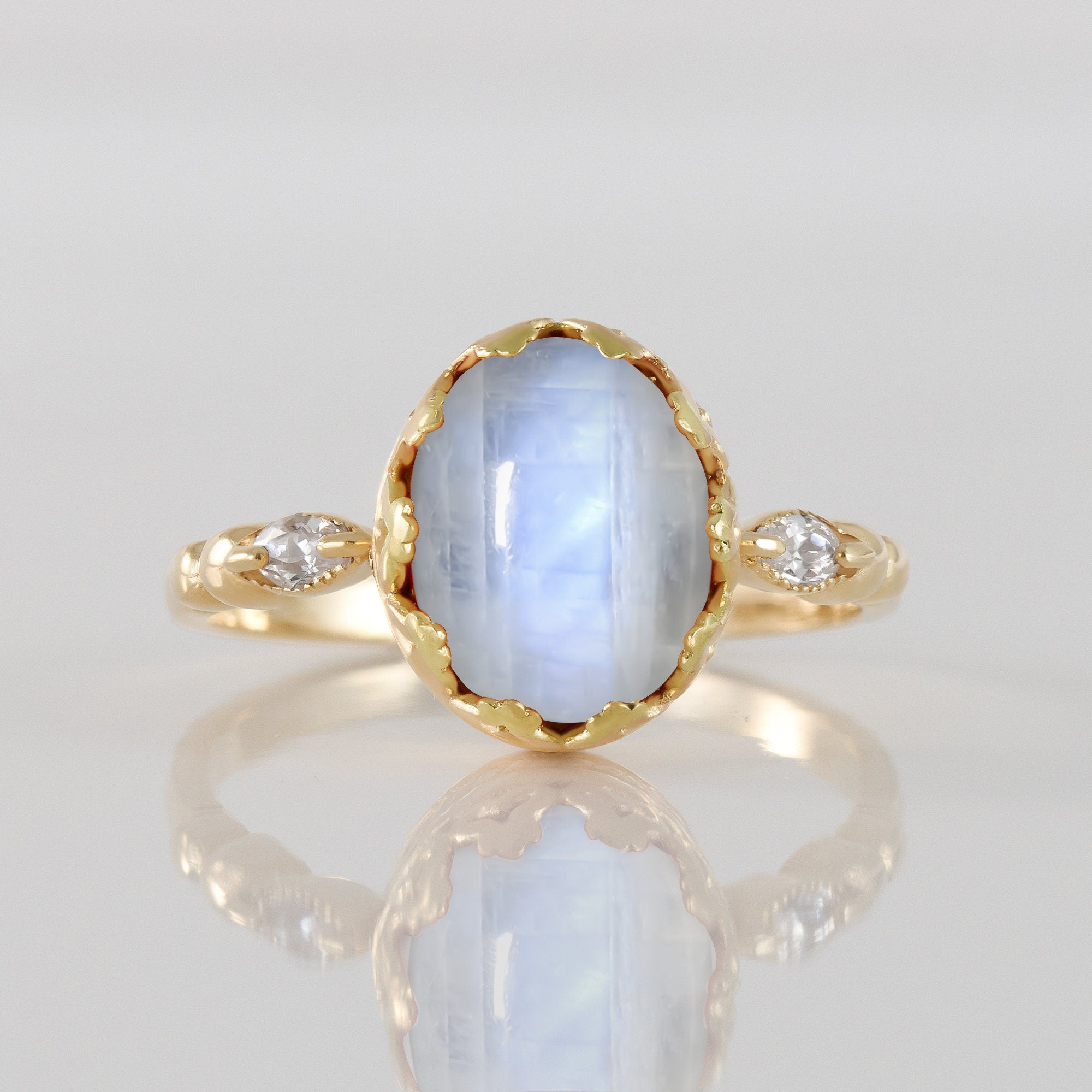 Rainbow Moonstone Vintage Oval Crown Ring with Clear Quartz Accents - H.L.Jewelry