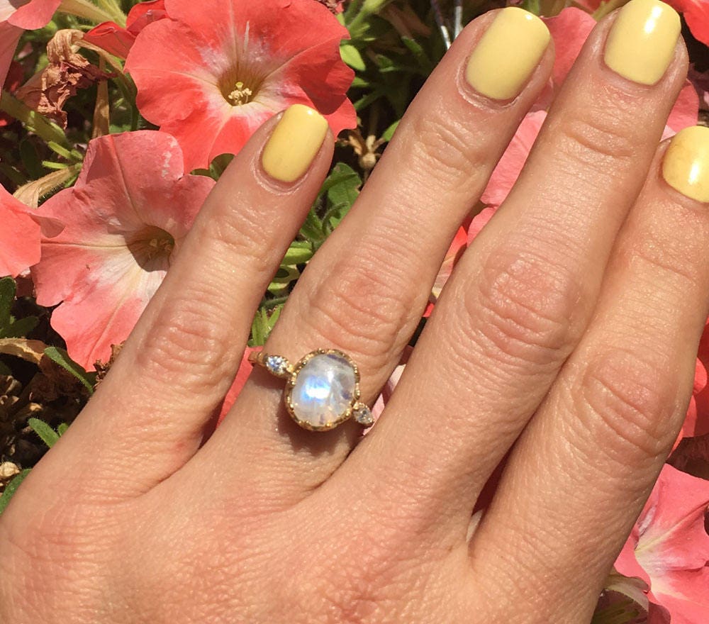 Rainbow Moonstone Vintage Oval Crown Ring with Clear Quartz Accents - H.L.Jewelry