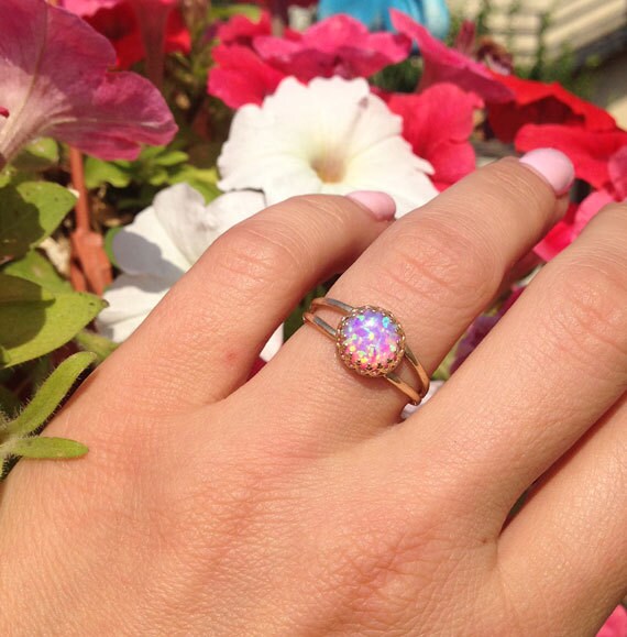 Rose Opal Round Crown Double Band Ring - H.L.Jewelry