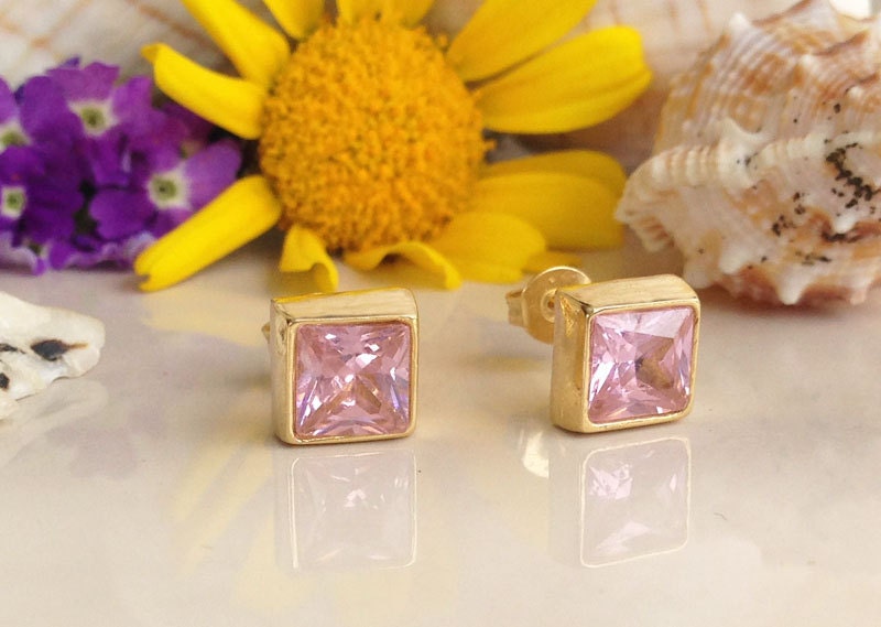 Rose Quartz Simple Square Stud Earrings - H.L.Jewelry