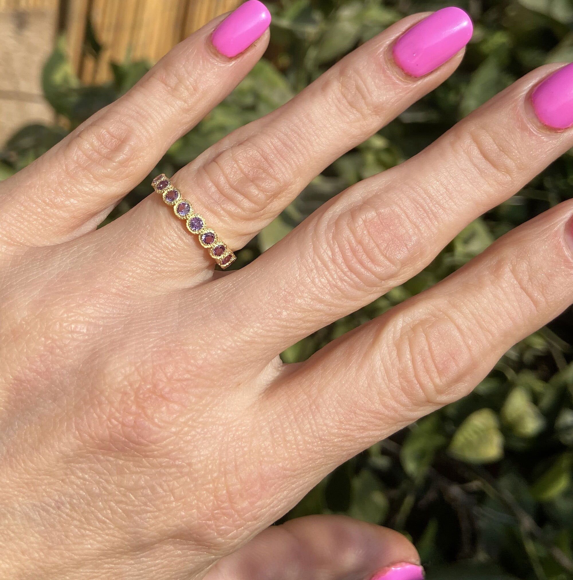 Round Alexandrite Nine Stone Half Eternity Stacking Bezel Ring - H.L.Jewelry