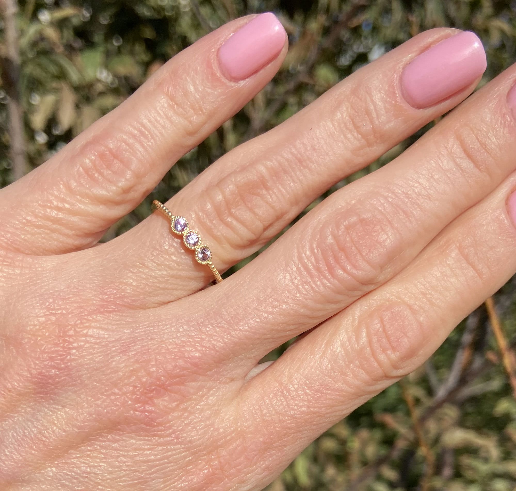 Round Alexandrite Three Stone Simple Stackable Ring - H.L.Jewelry