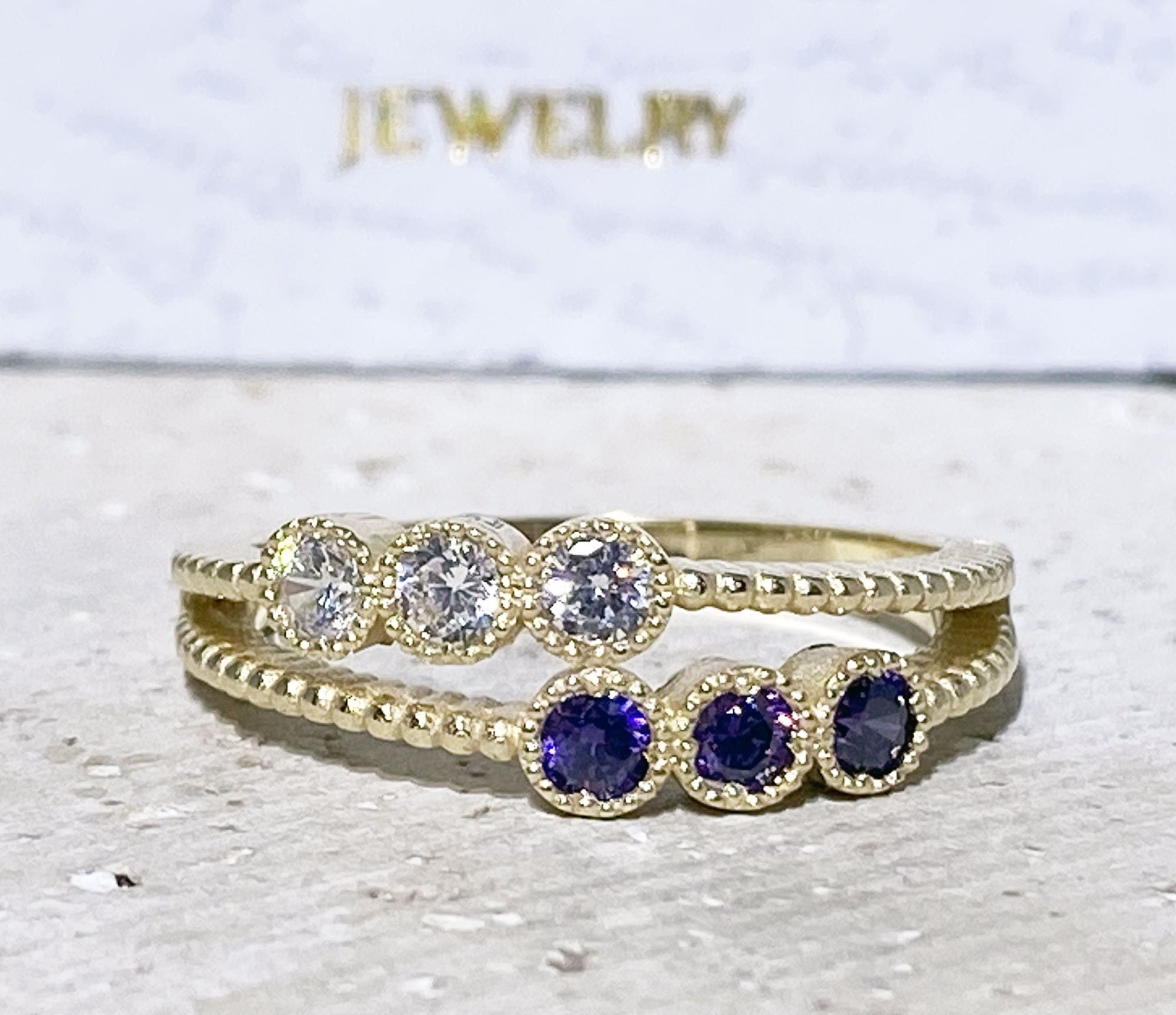 Round Amethyst & Clear Quartz Six-Stone Stackable Dual Ring Set - H.L.Jewelry