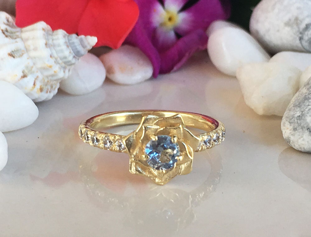 Round Aquamarine Camellia Ring with Clear Quartz Accents - H.L.Jewelry