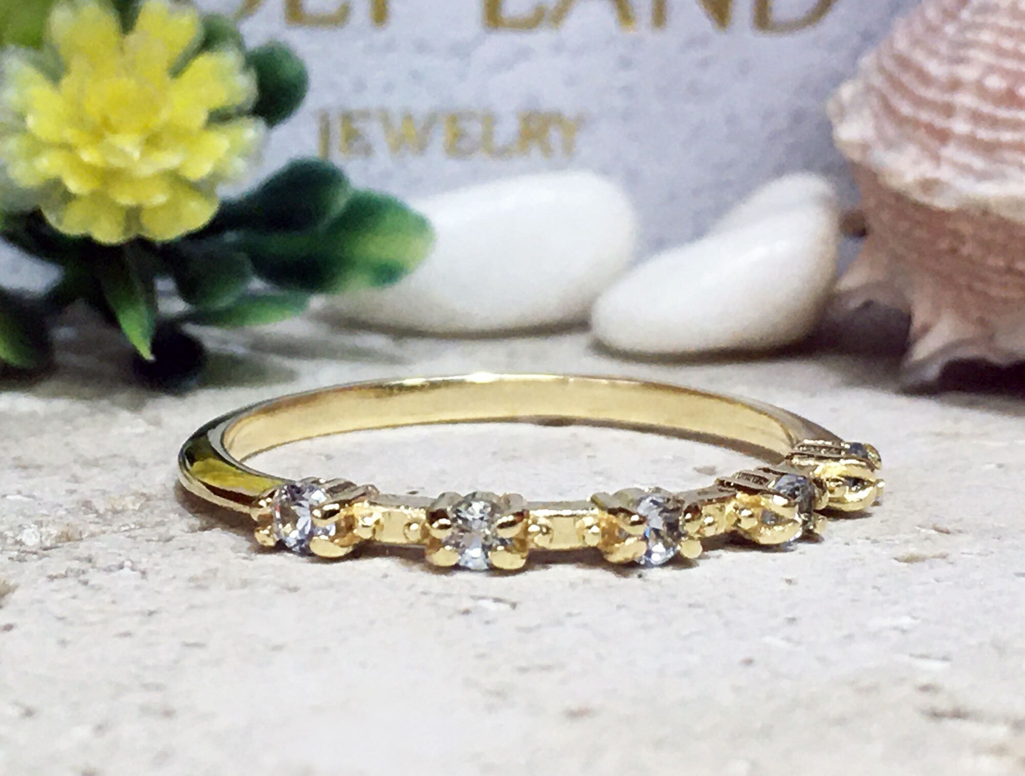 Round Aquamarine Five Stone Delicate Simple Stacking Ring - H.L.Jewelry