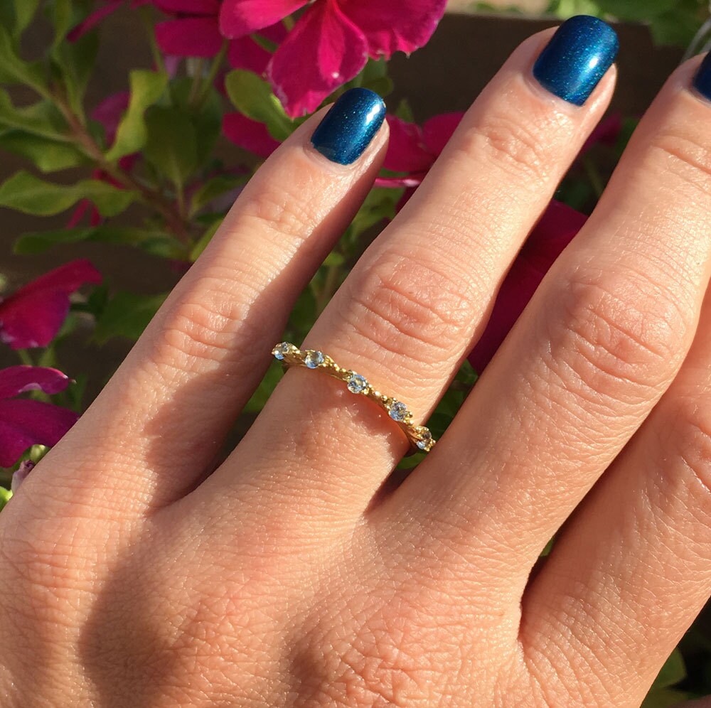 Round Aquamarine Five Stone Delicate Simple Stacking Ring - H.L.Jewelry