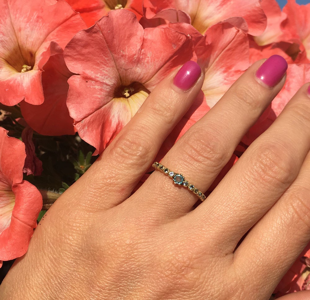 Round Aquamarine Half Eternity Simple Stacking Ring - H.L.Jewelry