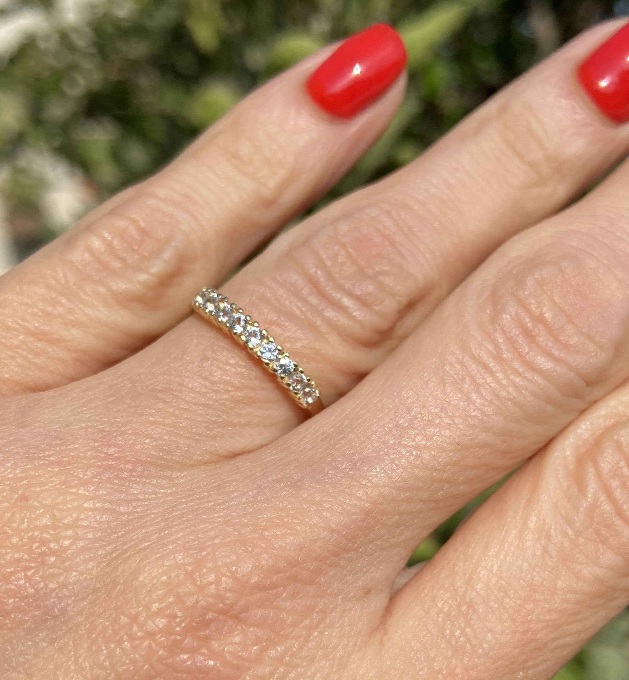 Round Aquamarine Nine Stone Stacking Half Eternity Simple Ring - H.L.Jewelry