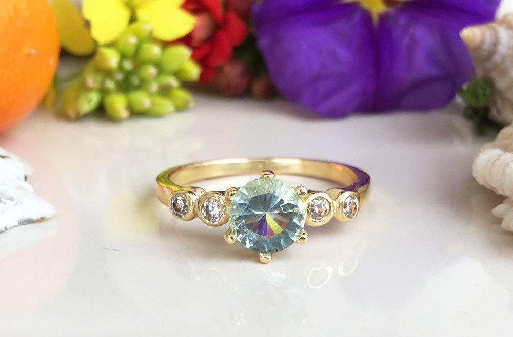 Round Aquamarine Simple Ring with Clear Quartz Accents - H.L.Jewelry