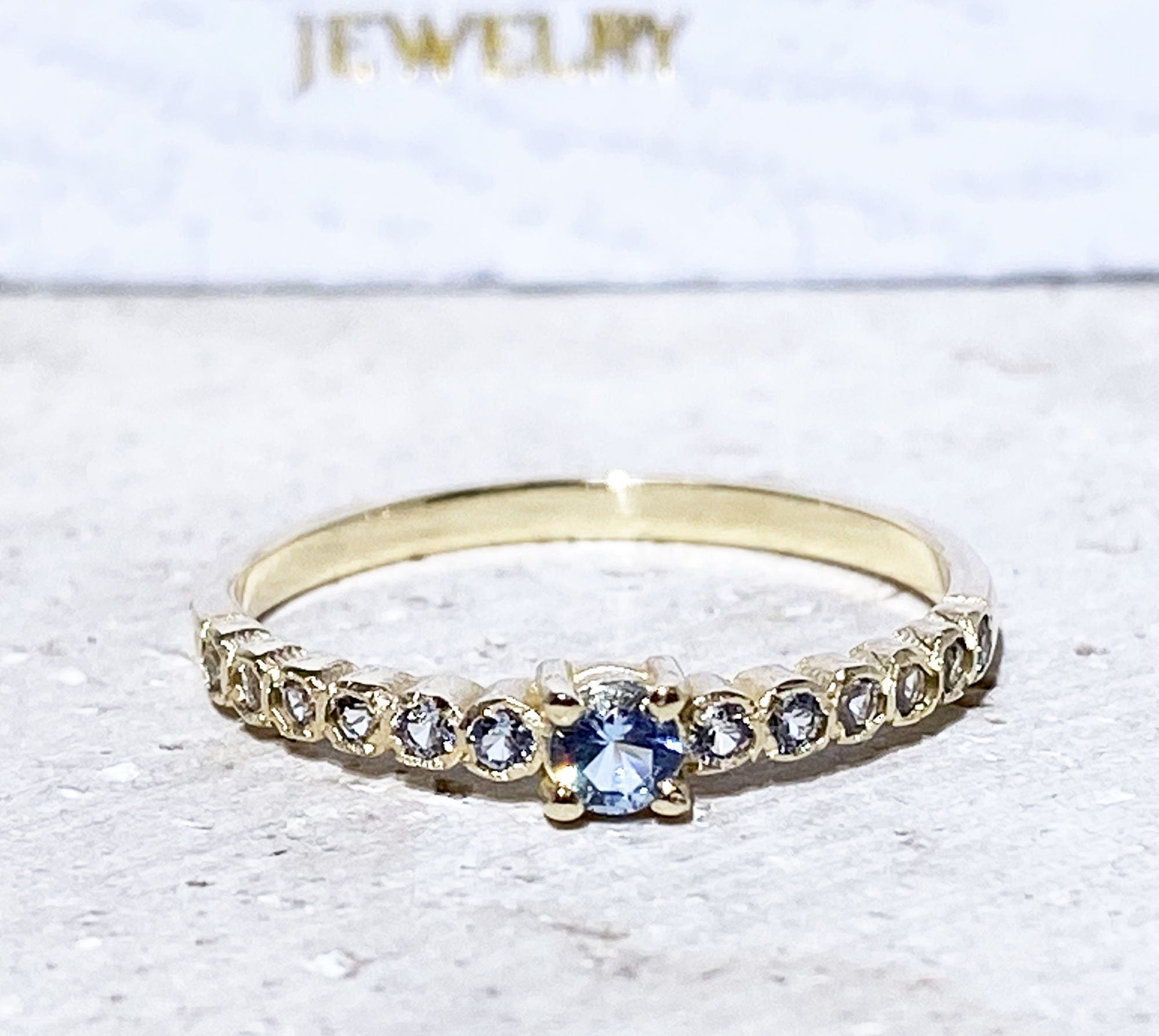 Round Aquamarine Stackable Half Eternity Simple Ring - H.L.Jewelry