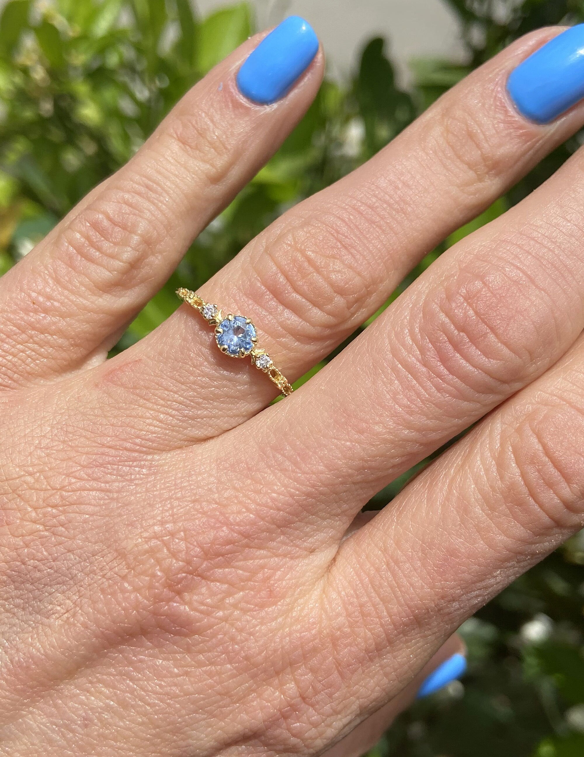 Round Aquamarine Stackable Ring with Clear Quartz Accents - H.L.Jewelry