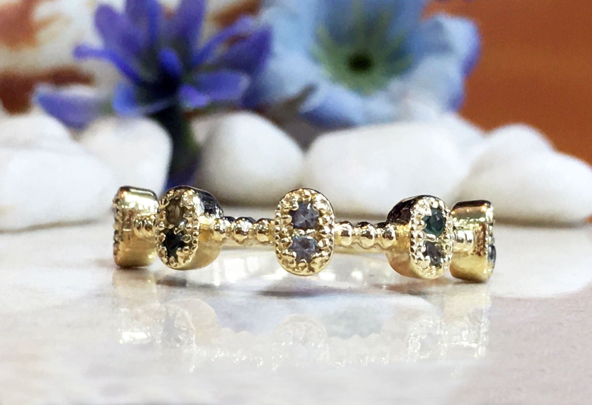 Round Aquamarine Ten Stone Bezel-Set Ring - H.L.Jewelry