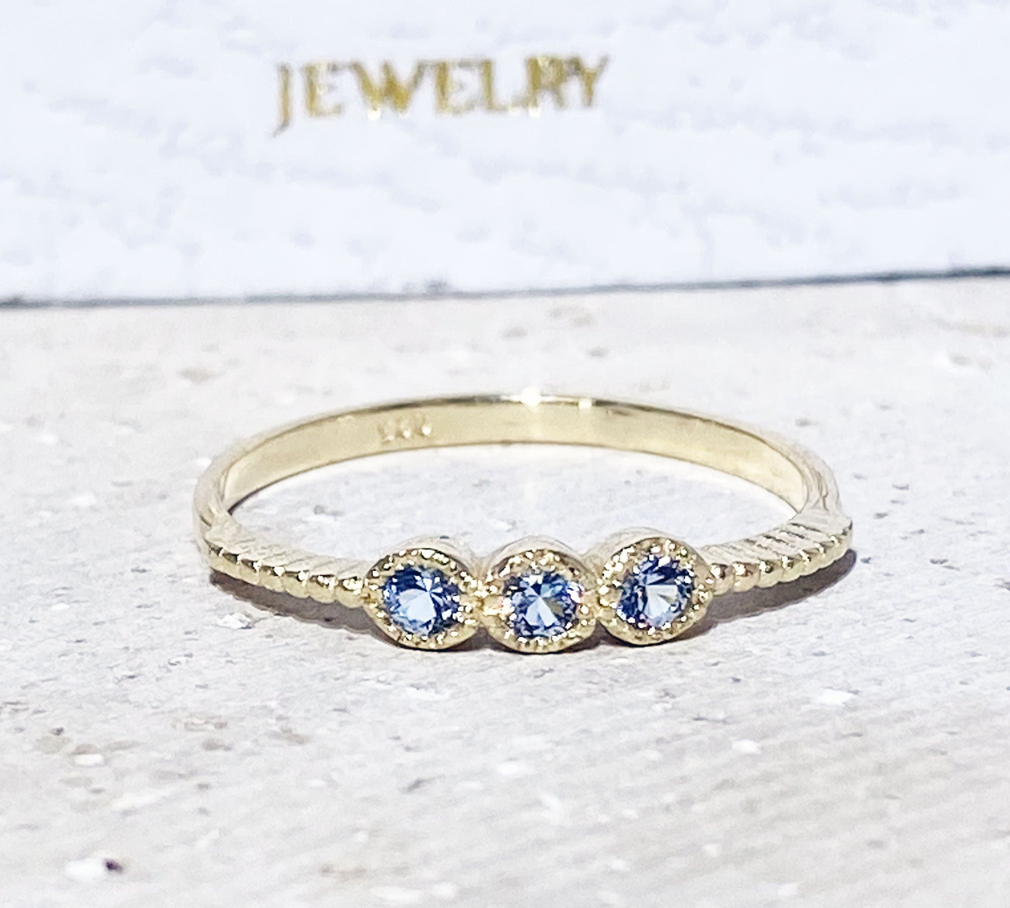 Round Aquamarine Three Stone Simple Stackable Ring - H.L.Jewelry