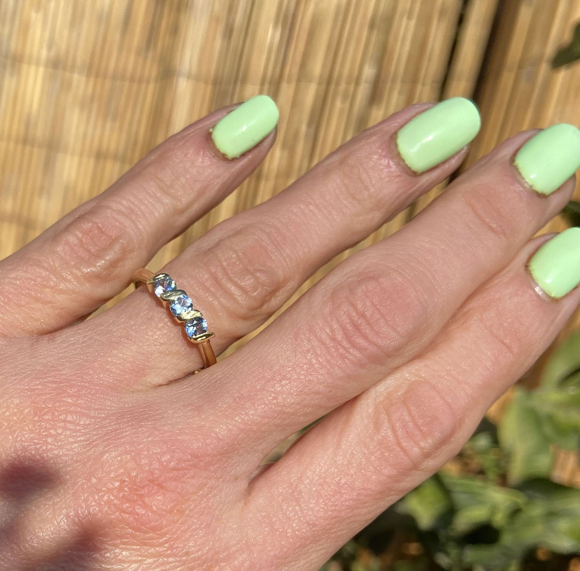 Round Aquamarine Three Stone Simple Stacking Ring - H.L.Jewelry