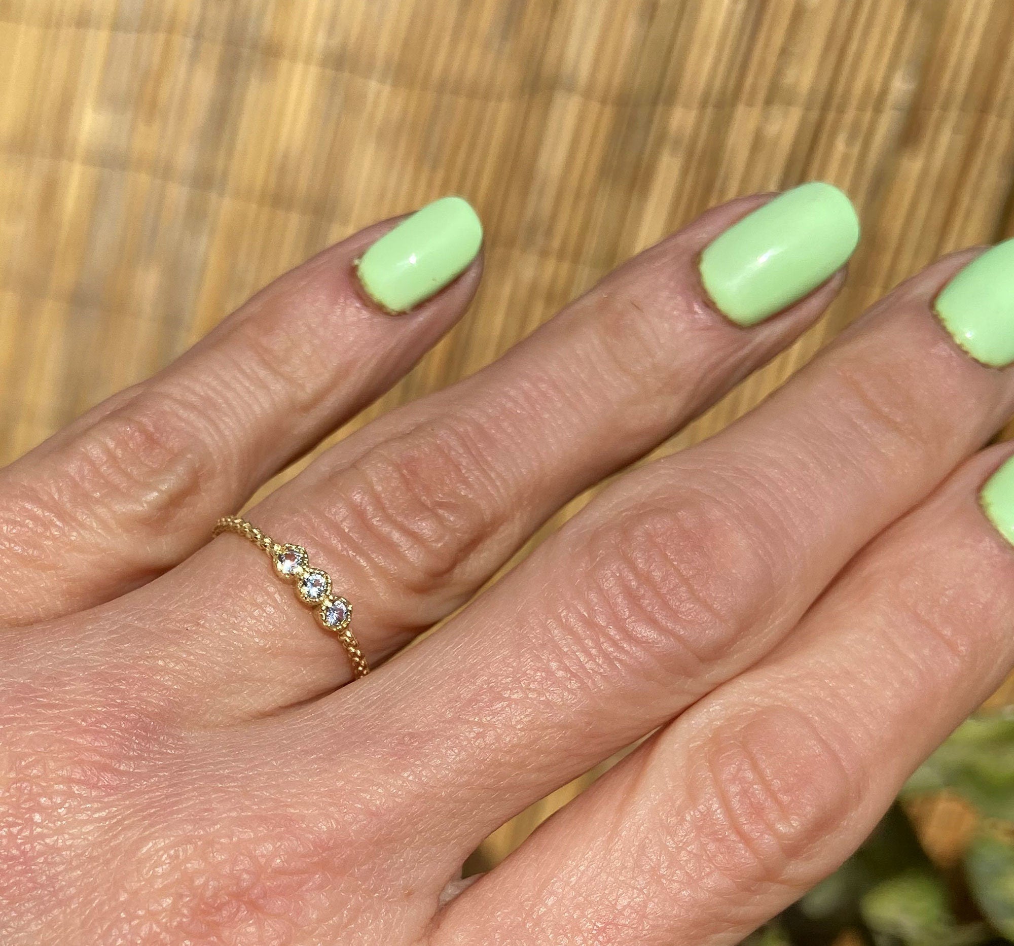 Round Aquamarine Three Stone Stackable Simple Ring - H.L.Jewelry