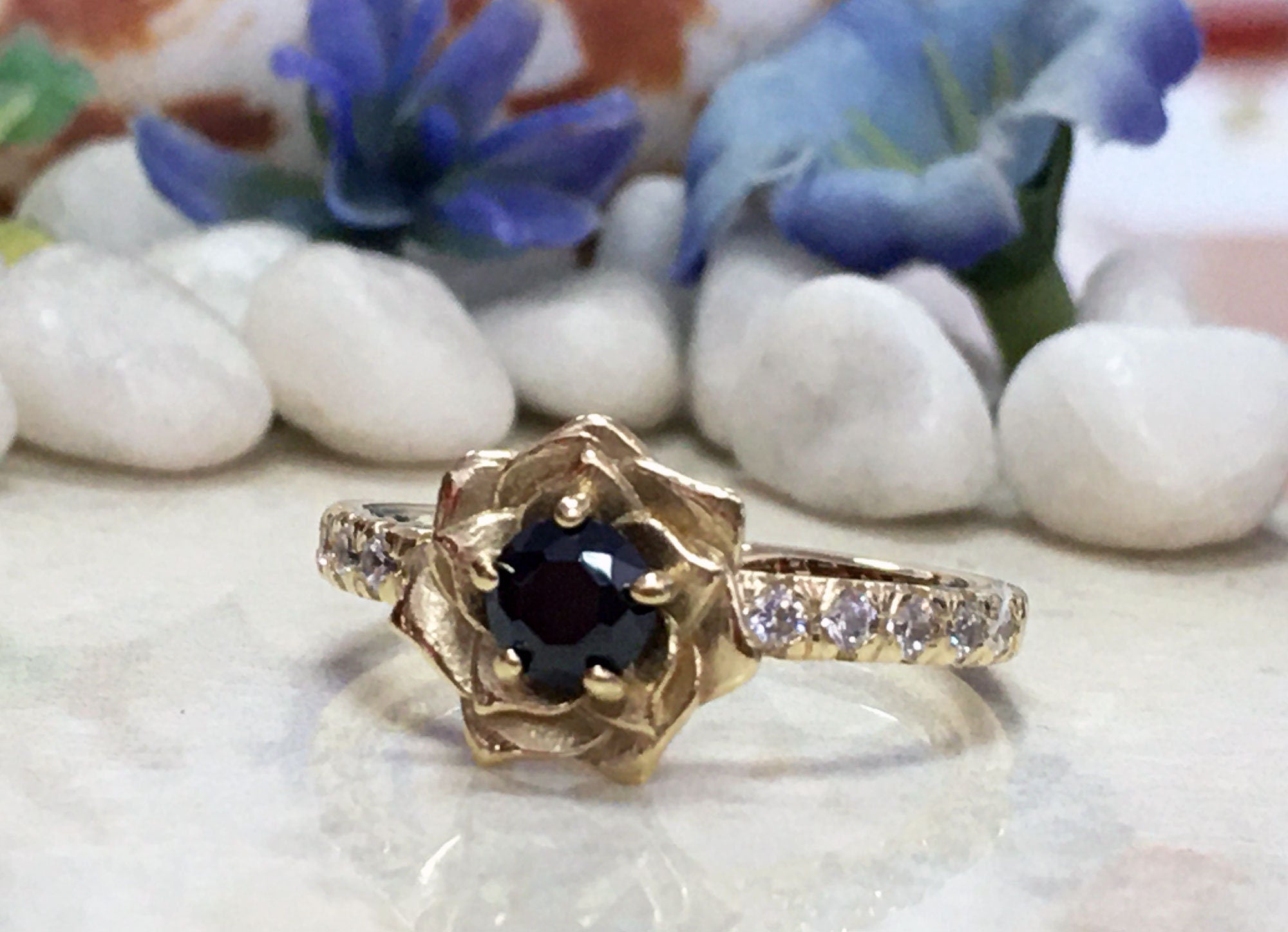 Round Black Onyx Camellia Ring with Clear Quartz Accents - H.L.Jewelry