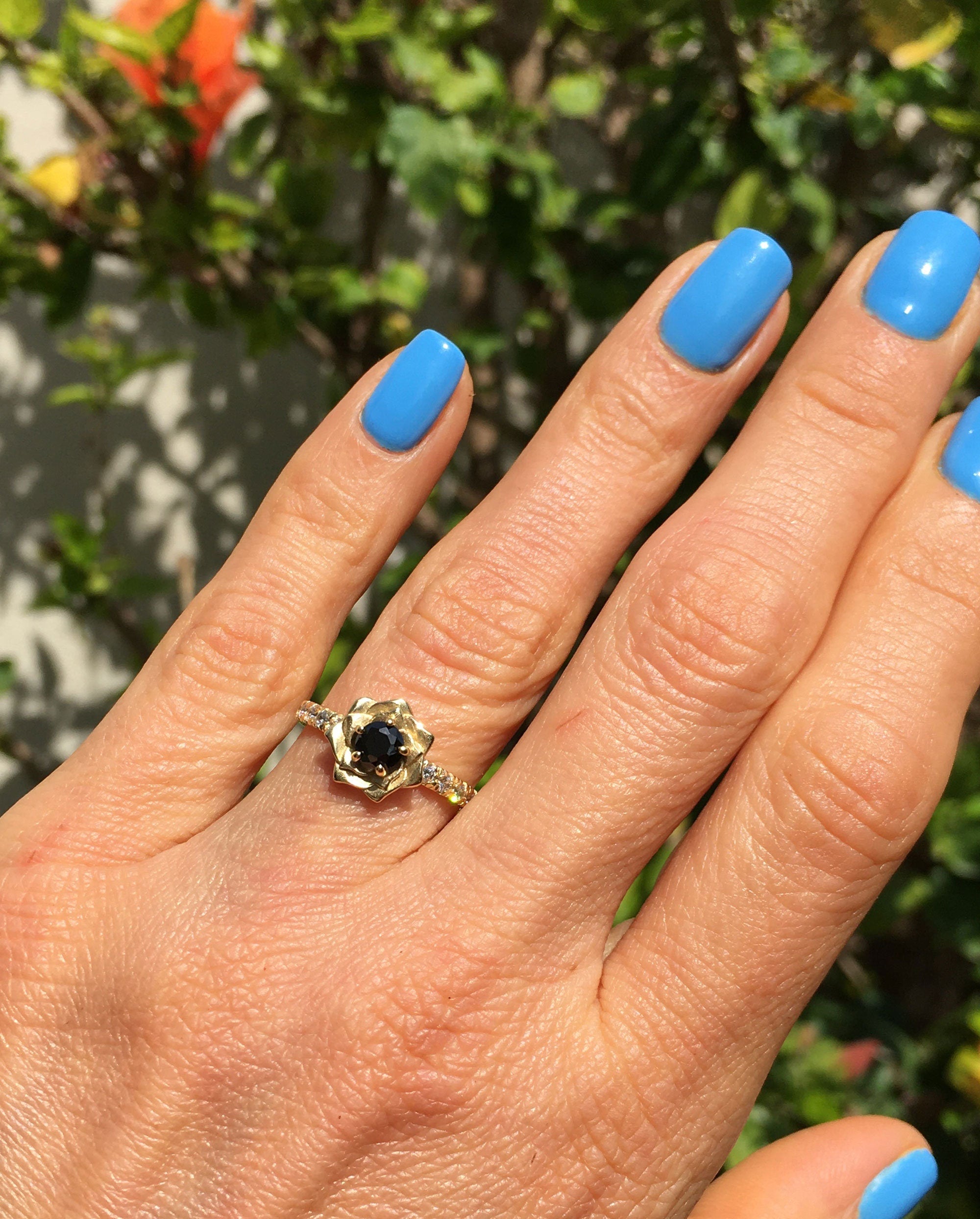 Round Black Onyx Camellia Ring with Clear Quartz Accents - H.L.Jewelry
